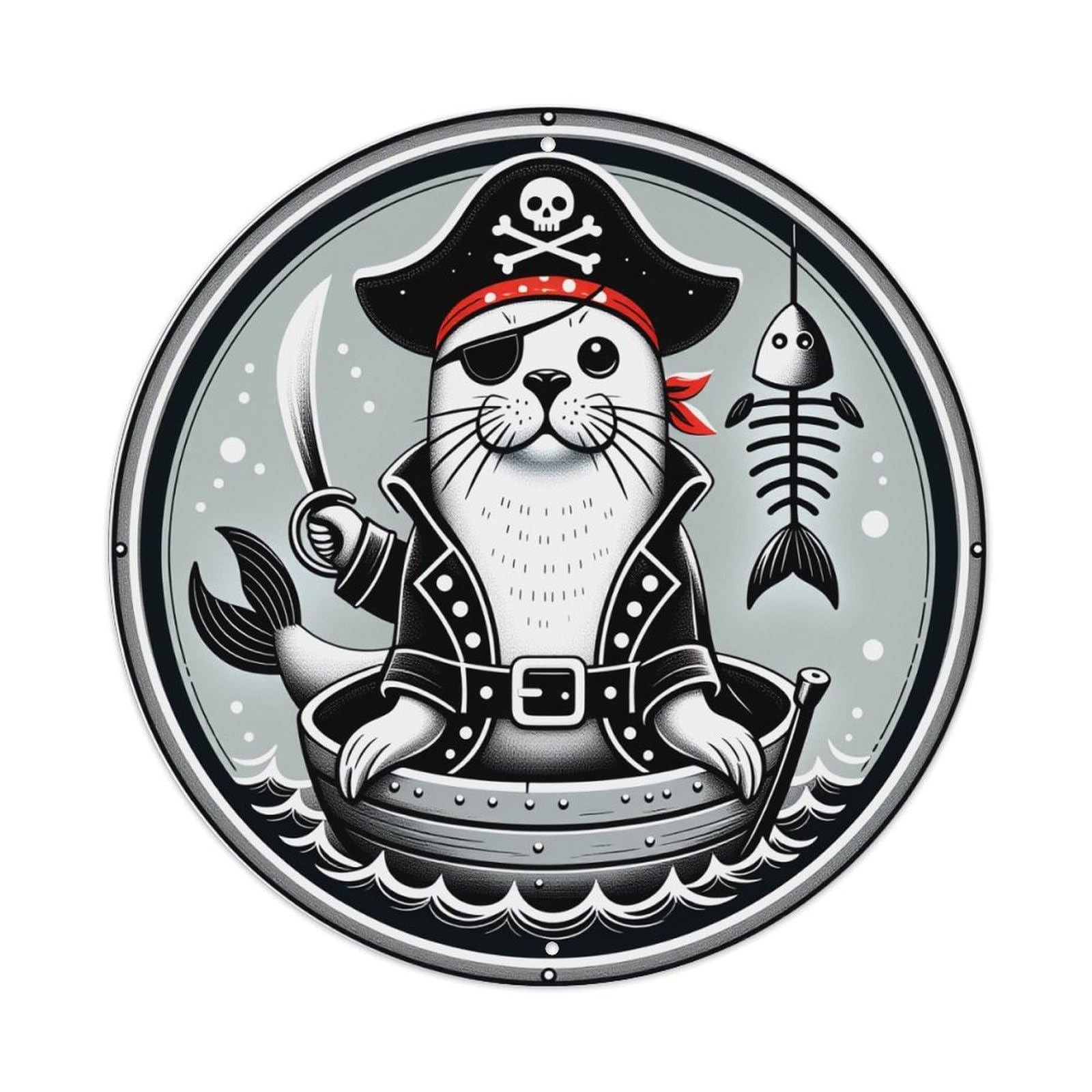 Pirate Seal In Boat With Fish Round Tin Sign Retro Metal Sign for Cafe Bar Pub Home Game Room Gym Club Wall Decoration Vintage Metal Poster 8x8 Inch