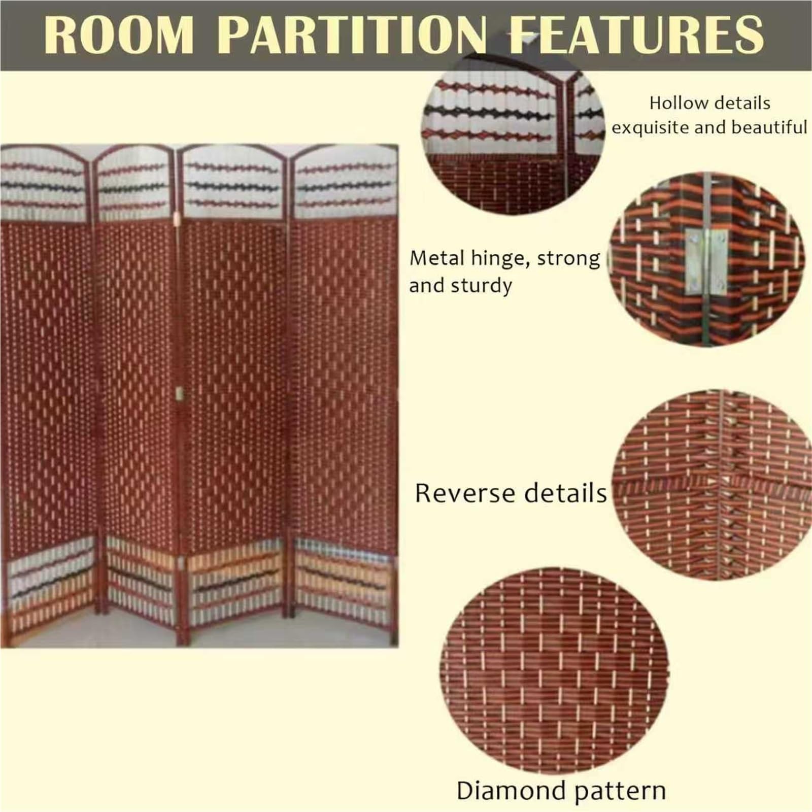 séparateurs de pièces Paravent Pliable en Fibre À Tissage Losange Court, Disponible en 50, 110, 100, 90, 80, 70, 60 Et 70 Cm De Hauteur(B-4 pcs,H W 90cm x 30cm)