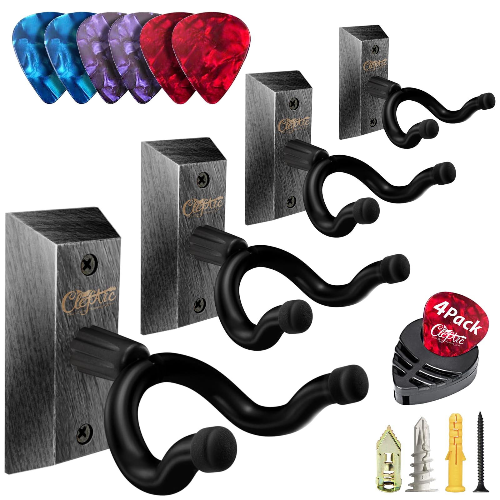 Soporte de pared para guitarra negra, paquete de 4, soportes para púas y púas, color negro