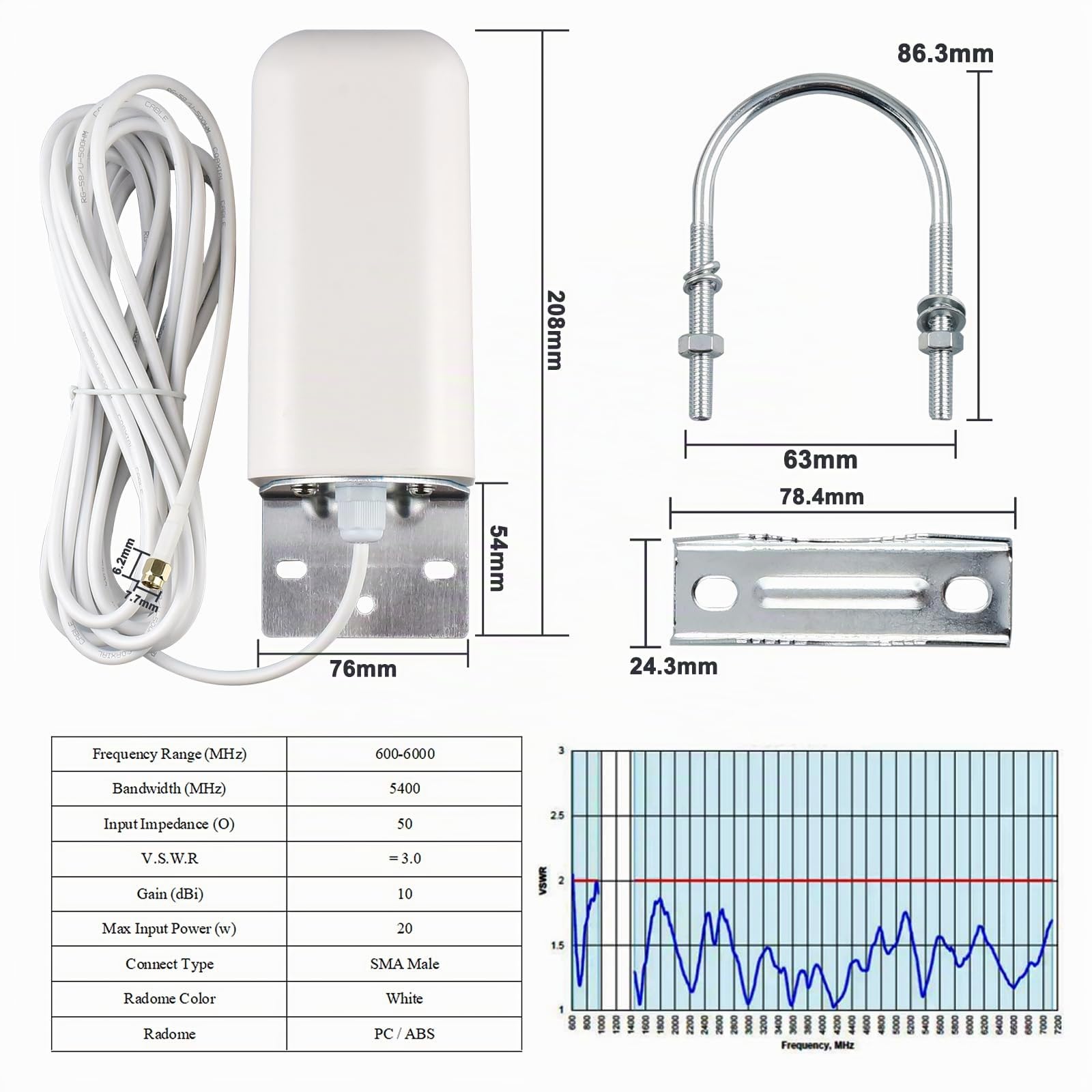 Antenne 5G Extérieur 10dBi 600-6000 MHz SMA mâle 5M für Router | Antenne 4G LTE Directionnelle mit Câble RG58 pour Routeurs, Modems, Gateways, CPE, Außenanwendungen.