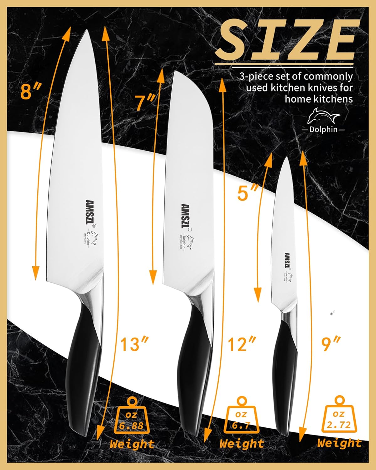 3-Piece German Steel Knife Set - Razor Sharp Chef, Santoku & Utility Knives with Full Tang Handles | 15° Hand-Honed Edge for Precision | Complete Kitchen Knife Set for Home Cooks - Image 2