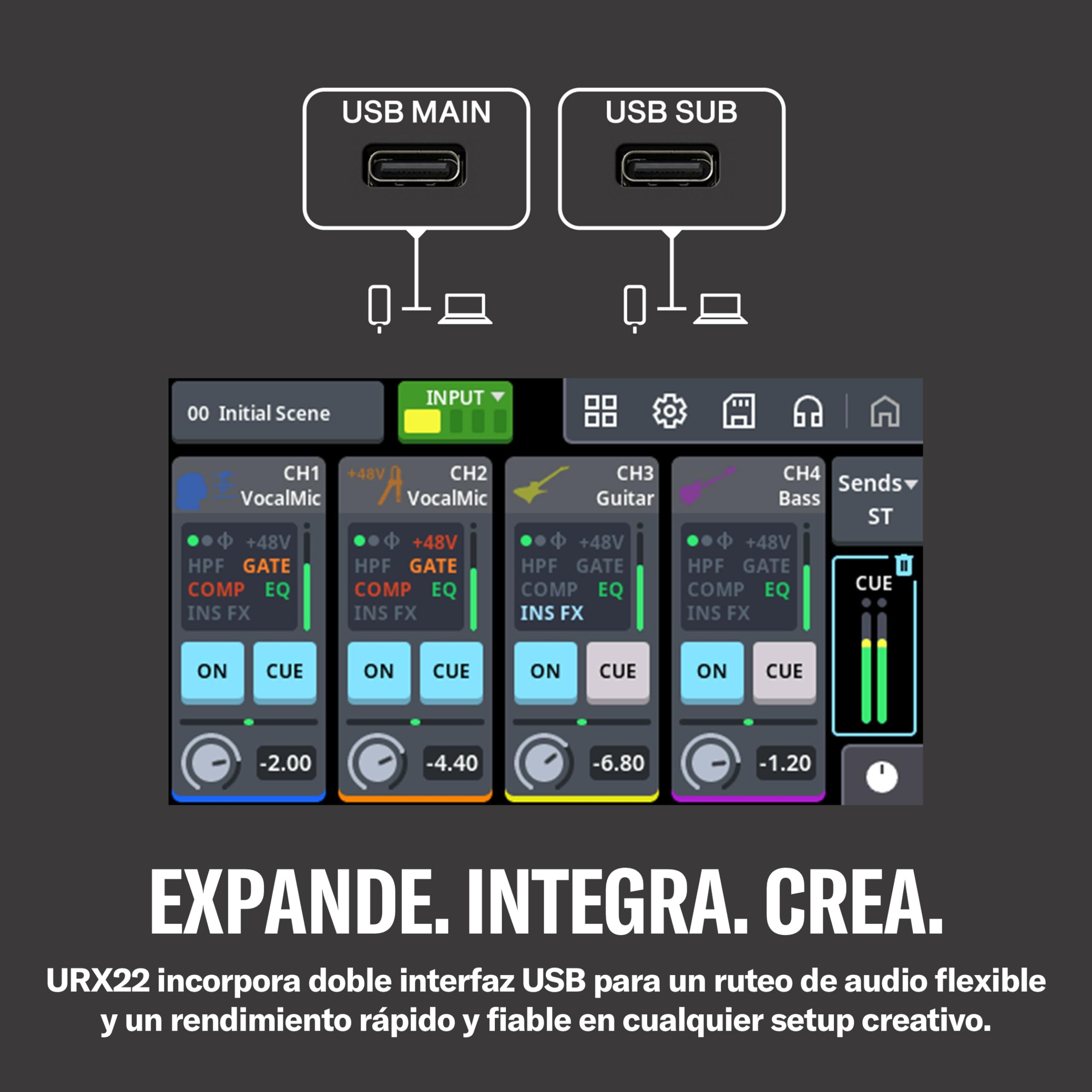 YAMAHA URX22 Interfaz de Audio USB-C – Interfaz compacta 4 entradas/2 salidas, audio 32 bits/192 kHz, pantalla LCD táctil, DSP y efectos integrados para creadores y músicos – Negro
