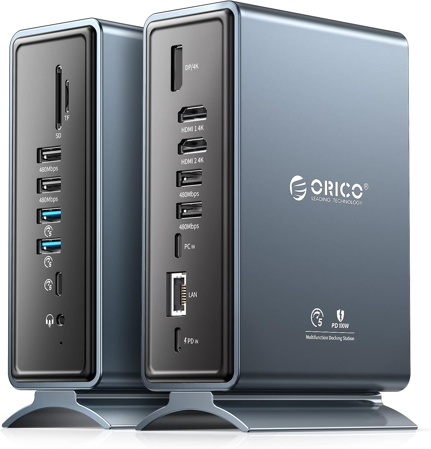 ORICO Docking Station 15 in 1 Laptop Dock Dual 4K Display USB Docking Station con 2 HDMI, 4K DP, 6 USB-A, 100W PD, RJ45, 3.5mm Audio, Lettore di schede SD/TF, È necessario scaricare il driver Grigio USB C Dock Grey - Immagine 1