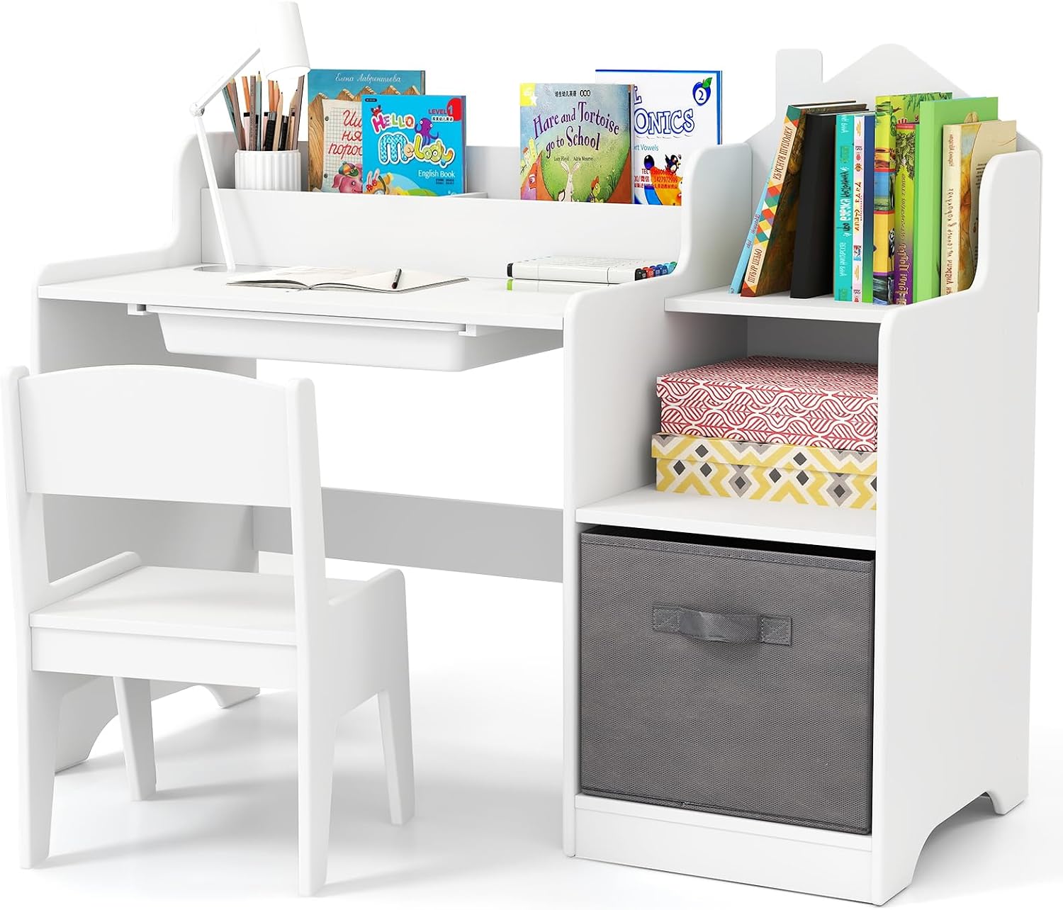 Children's Desk Set, Student Desk with Drawer, Open Shelves & Fabric Container, Youth Desk with Chair, Desk for Children from 3 Years (White)