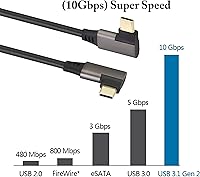 Vista 3 de Cable de extensión USB C 3.1 en ángulo recto Gen 2 10Gbps 90 grados Tipo C 3.1 USB macho a macho soporta carga, datos, audio, cable de video
