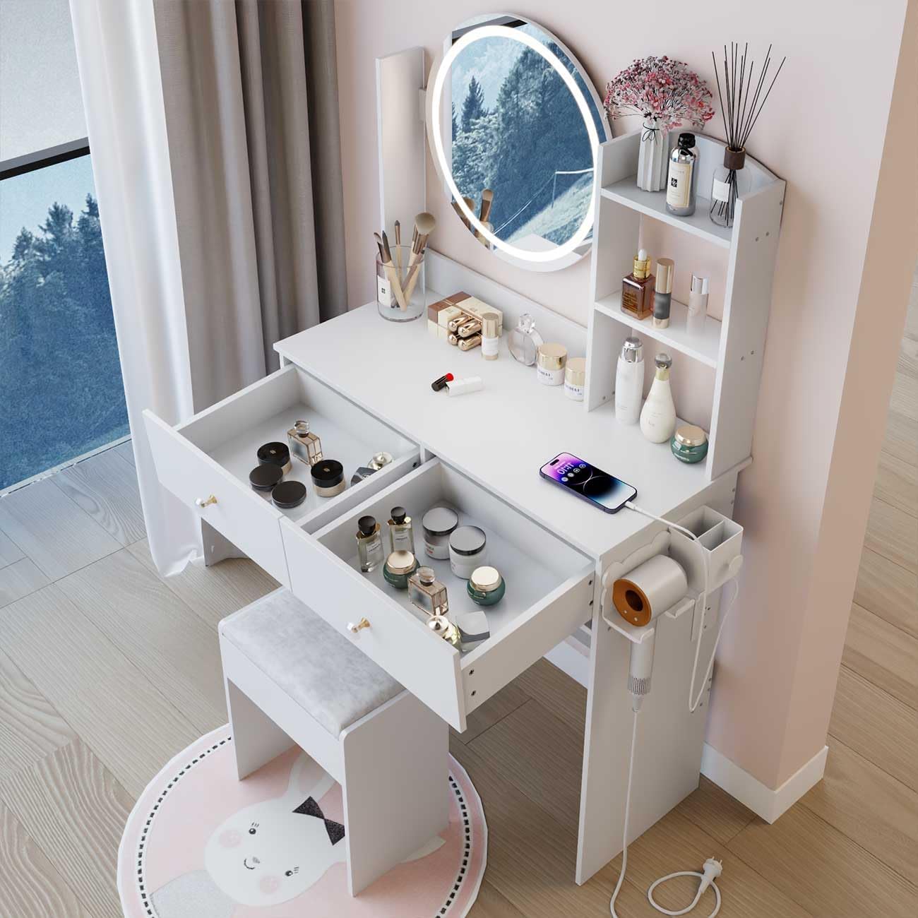 Vanity Desk with Round Mirror and LED Lights, Black Makeup Power Outlet, 3 Lighting Modes & Adjustable Brightness, Small Dressing Table Set for Women Girls Bedroom, 31.5in,Black (W
