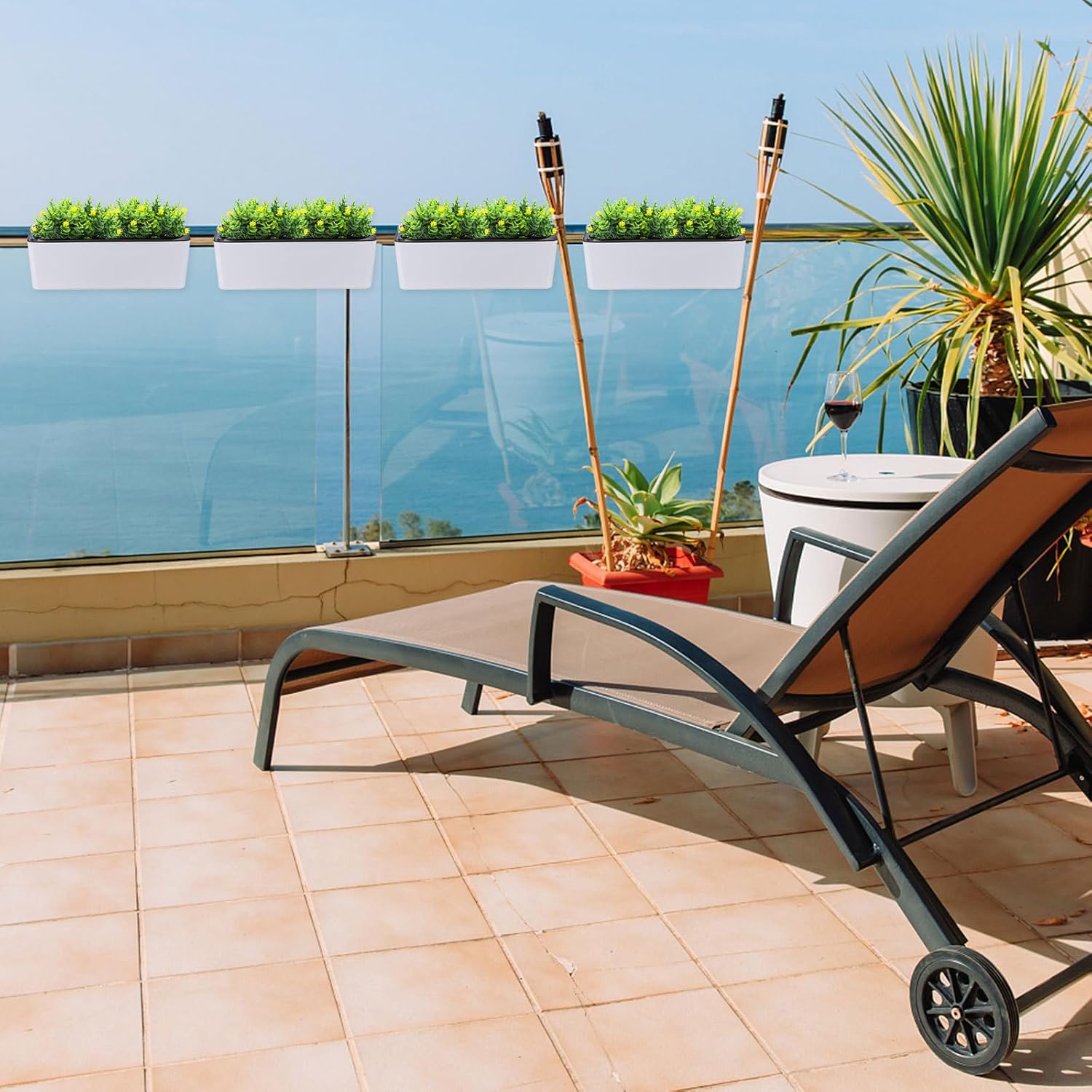 Rectangular Plastic Self Watering Plant Pot with Water Level Indicator and Rail Bracket, Small Automatic Water-Absorbent Planter for Indoor Patio Garden Use