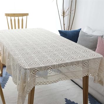 Azerlee Handmade Crochet Tablecloth Cotton Lace Table Cloth Rectangular Table Cover for Kitchen Dinning Wedding Party Decoration, Beige, 40 X 55 Inch