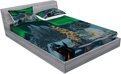 Miniatura 2 de Ambesonne Aurora Borealis - Juego de sábanas bajeras y fundas de almohada, pingüinos en el lago congelado con diseño de círculo ártico de Noel,