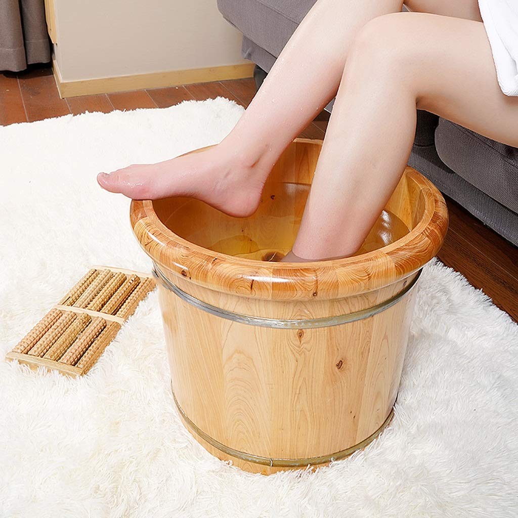 Fußbad-Spa-Fußbadewanne mit Deckel, Fußbad aus Holz, Fußfass, Massage-Pediküre-Spa-Becken zum Einweichen müder und schmerzender Füße, Fußbad-Eimer und Einweichschale, 30 cm,Beige+with Lid
