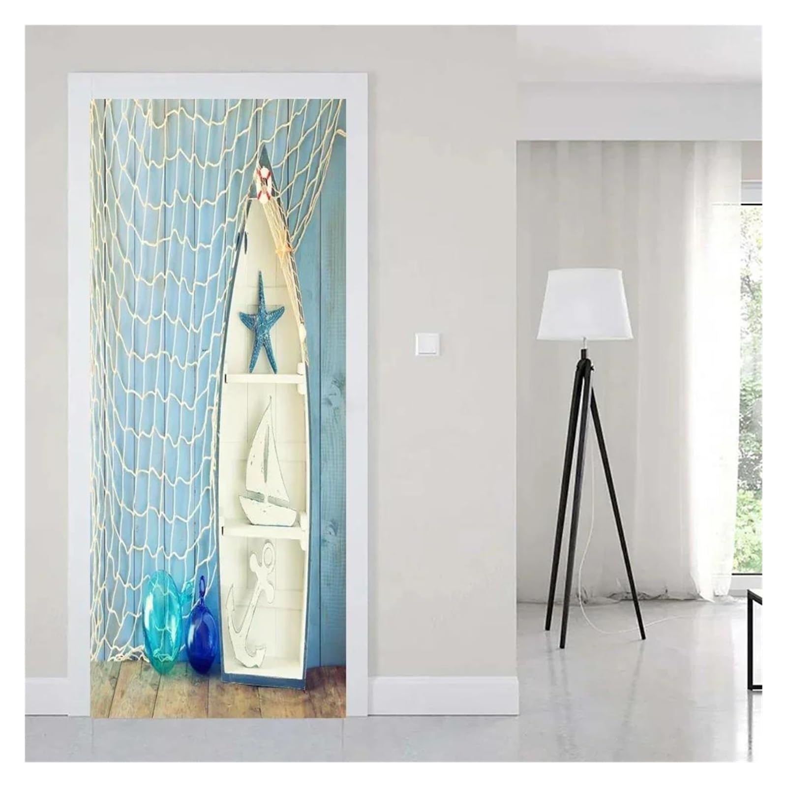 Autocollant de porte d'art bleu en vinyle haute densité : design géométrique luxe