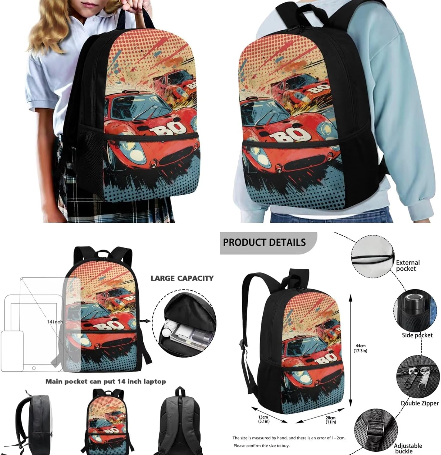 Boys Race Car Backpack for Kids with Lunch Box Pencil Case Water Bottle Sleeve Set, Large Capacity Bookbags Travel Bag Elementary Middle School Students, 4pcs Back To School Gift