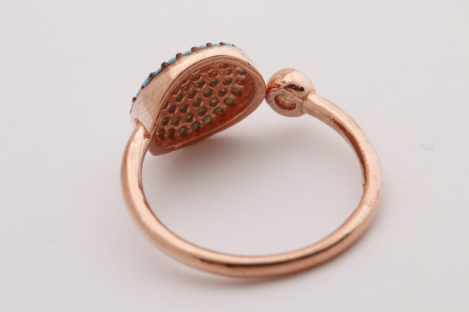 Special Design! Turkish Handmade Jewelry Round Shape Turquoise and Round Cut White Topaz Rose Gold 925 Sterling Silver Ring Adjustable Size
