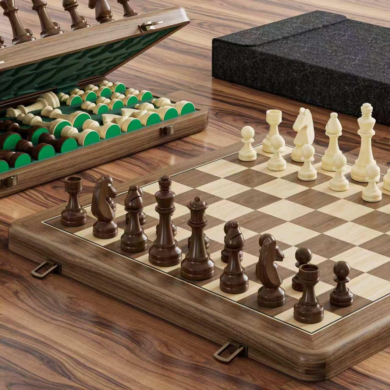 Magnetisches Schachspiel aus Schwarznuss-Holz, 15 Zoll klappbares Schachbrett (38 cm) – Reise-Schachset mit doppelseitigen grünen Aufbewahrungseinlagen, Staubschutzbeutel & 2 Ersatz-Damen