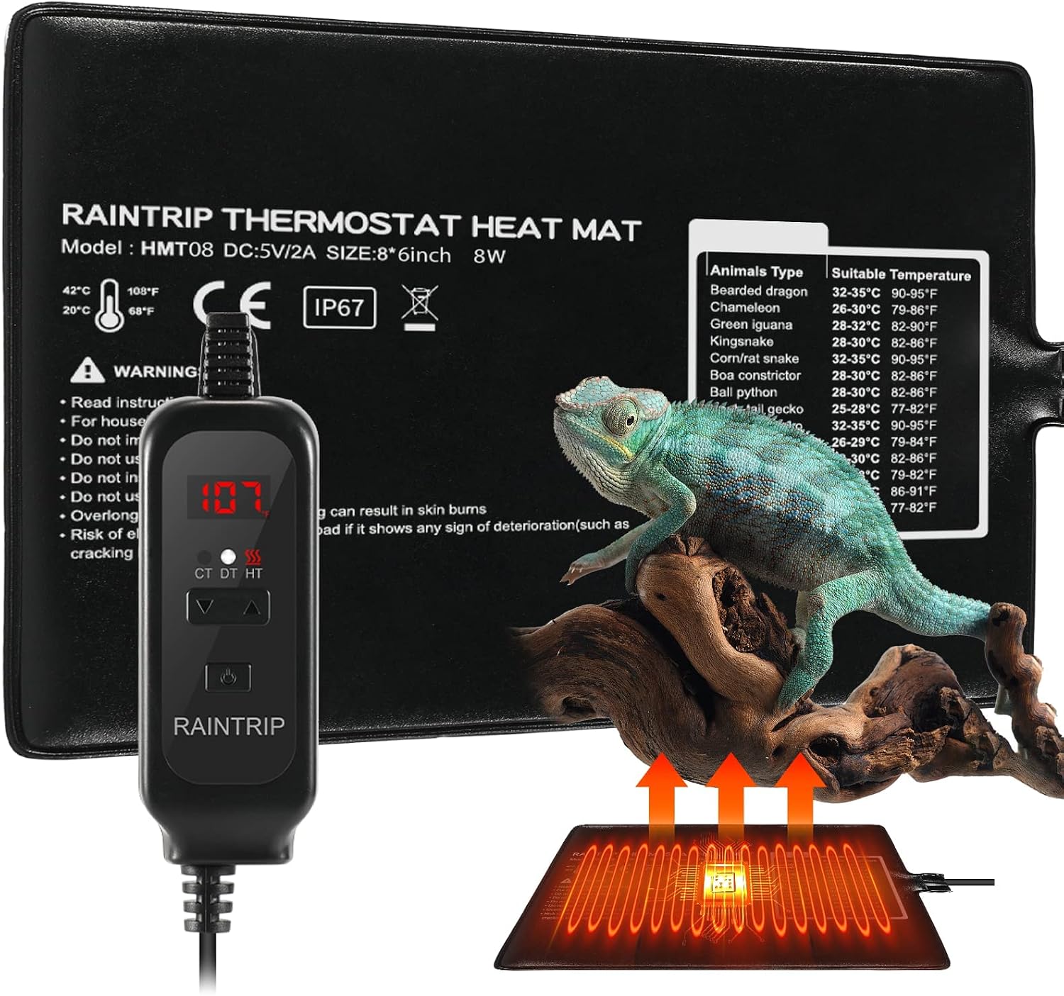 Raintrip Reptile Thermostat,Reptile Heating Pad,8W, Suitable 10-20Gal Terrarium,Temperature Controller for…