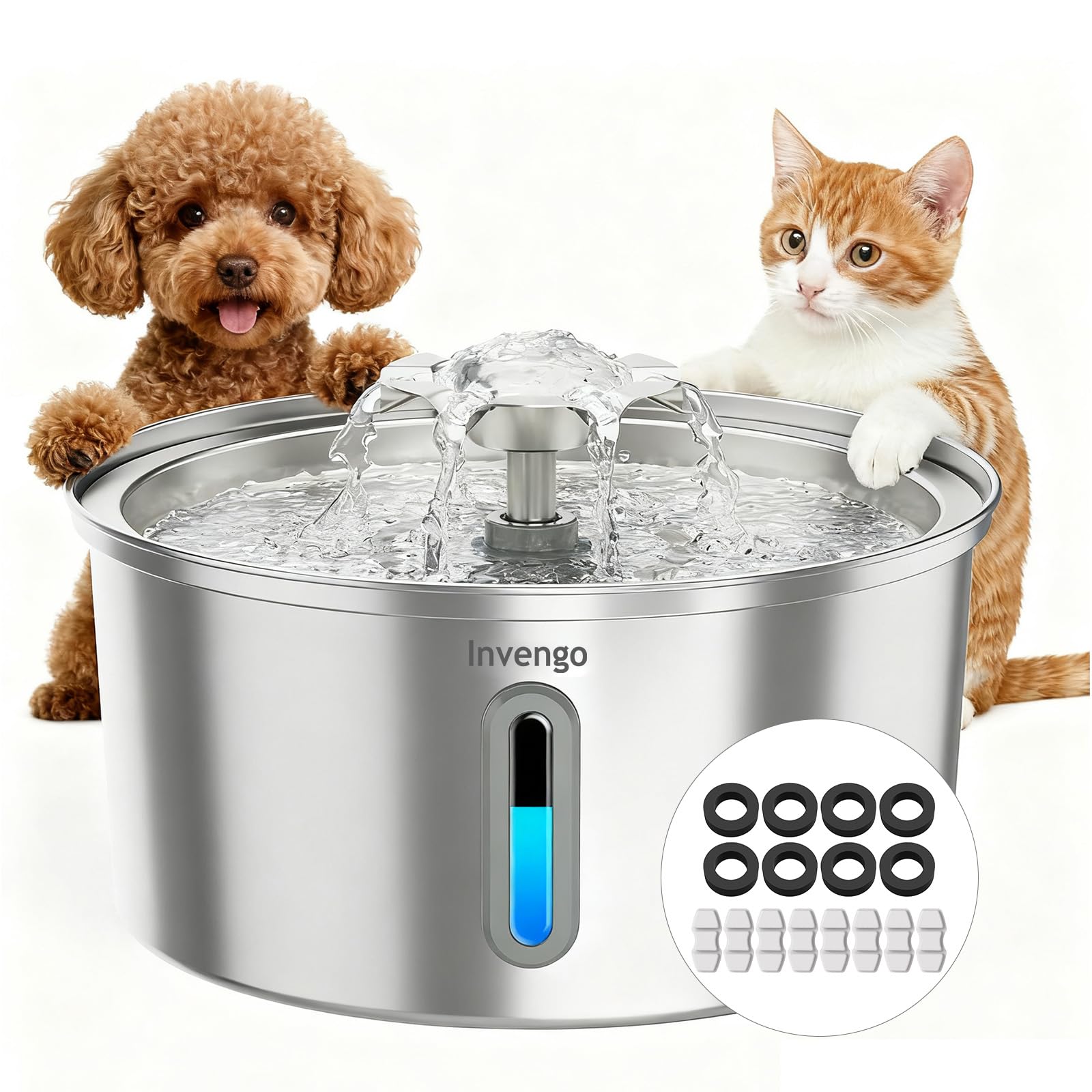 Cat Water Fountain Stainless Steel 3.2L/108oz, Invengo Automatic Pet Fountain for Cats & Dogs, Ultra Quiet <25 dB Pump, Includes 8 Replacement Filters & Sponges, LED Water Level Window, Easy to Clean