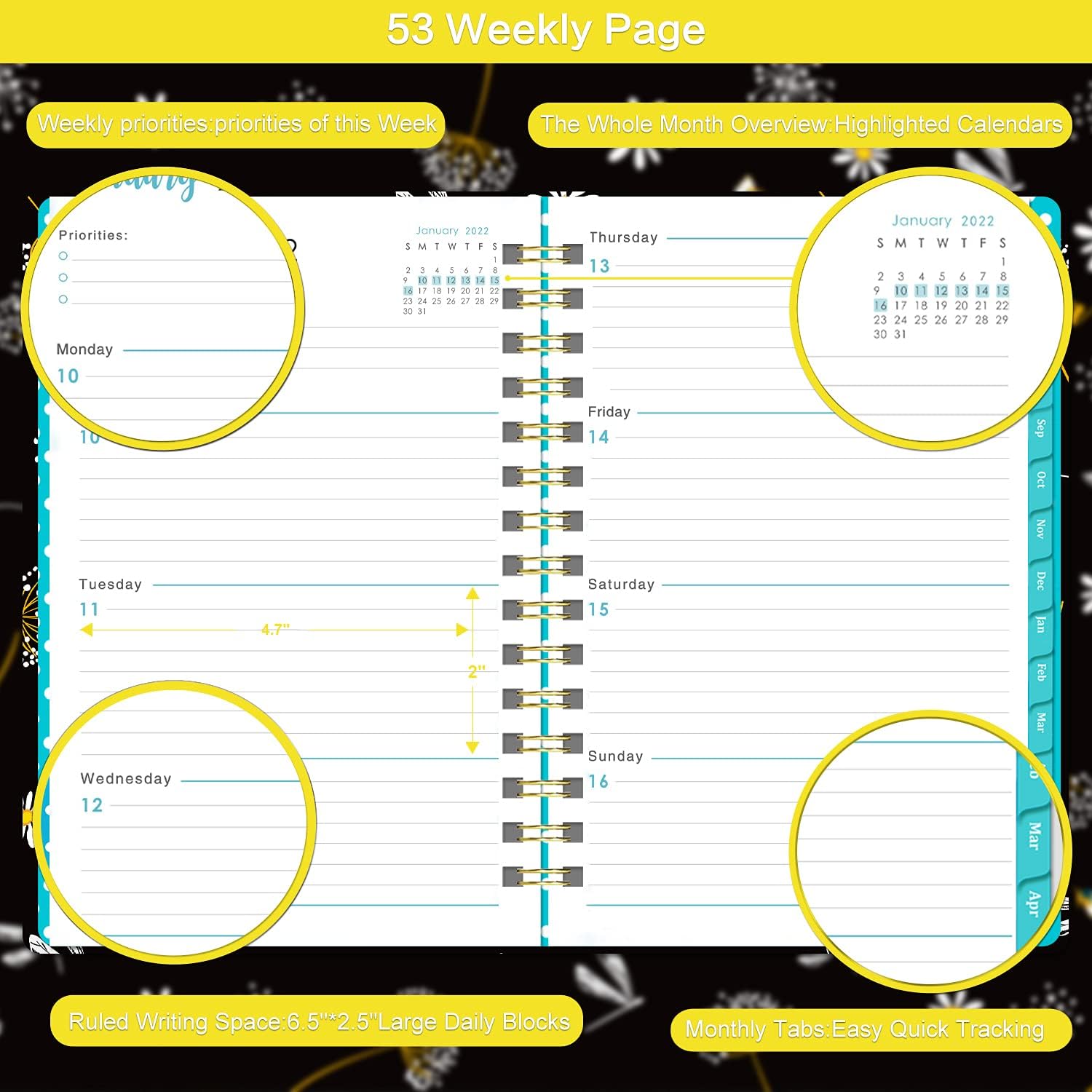 Nitukany 2022 Planner - Weekly & Monthly Planner with Tabs, Jan 2022 - Dec 2022, 8.5" x 6.3", Hardcover with Elastic Closure,Twin-Wire Binding,Thick Paper,Inner Pocket, Planner Stickers
