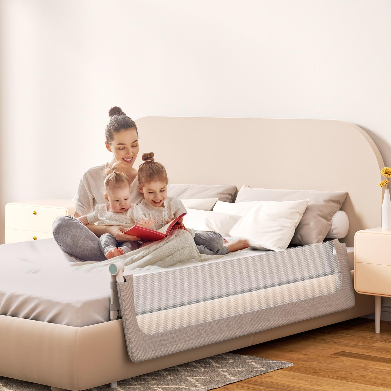 Fiqops Griglia di protezione per letto da 200 cm, pieghevole, protezione anticaduta per lettino per bambini, barra di protezione per letto regolabile in altezza da 72-86 cm con cinture per letti a