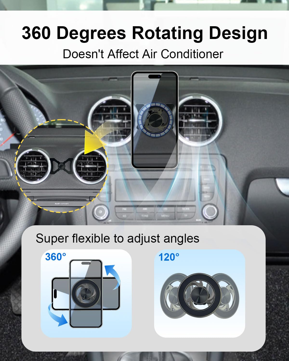 Magnetyczny uchwyt na telefon komórkowy do Audi A3 8P 2004-2013, uchwyt samochodowy z otworami wentylacyjnymi, obrotowy o 360°, do iPhone 17 16 15 14 i GPS
