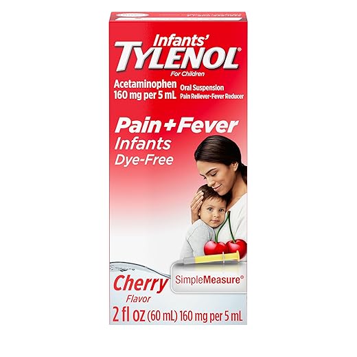 Infants' Tylenol Liquid Pain Reliever and Fever Reducer Medicine, Acetaminophen Oral Suspension for Sore Throat, Headache & Teething, Kids Fever Reducer; Dye-Free Cherry Flavor, 2 fl oz, Pack of 1