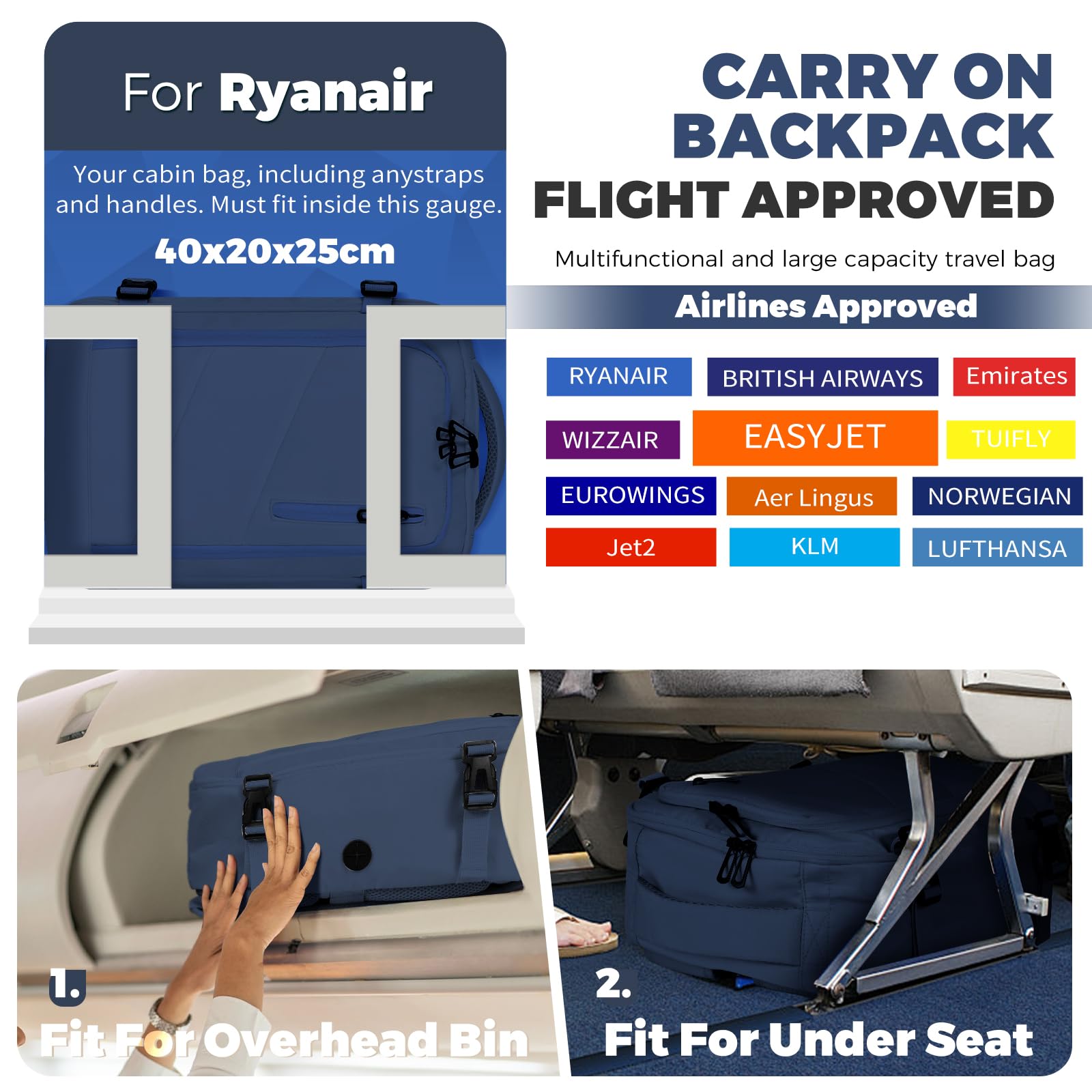 VOESLD Zaino per Ryanair 40x20x25, Zaino da Viaggio Aereo Bagaglio a Mano Blu Scuro Porta PC Donna Uomo, Può essere Utilizzato Come Zaino Sportivo, il Tempo Libero