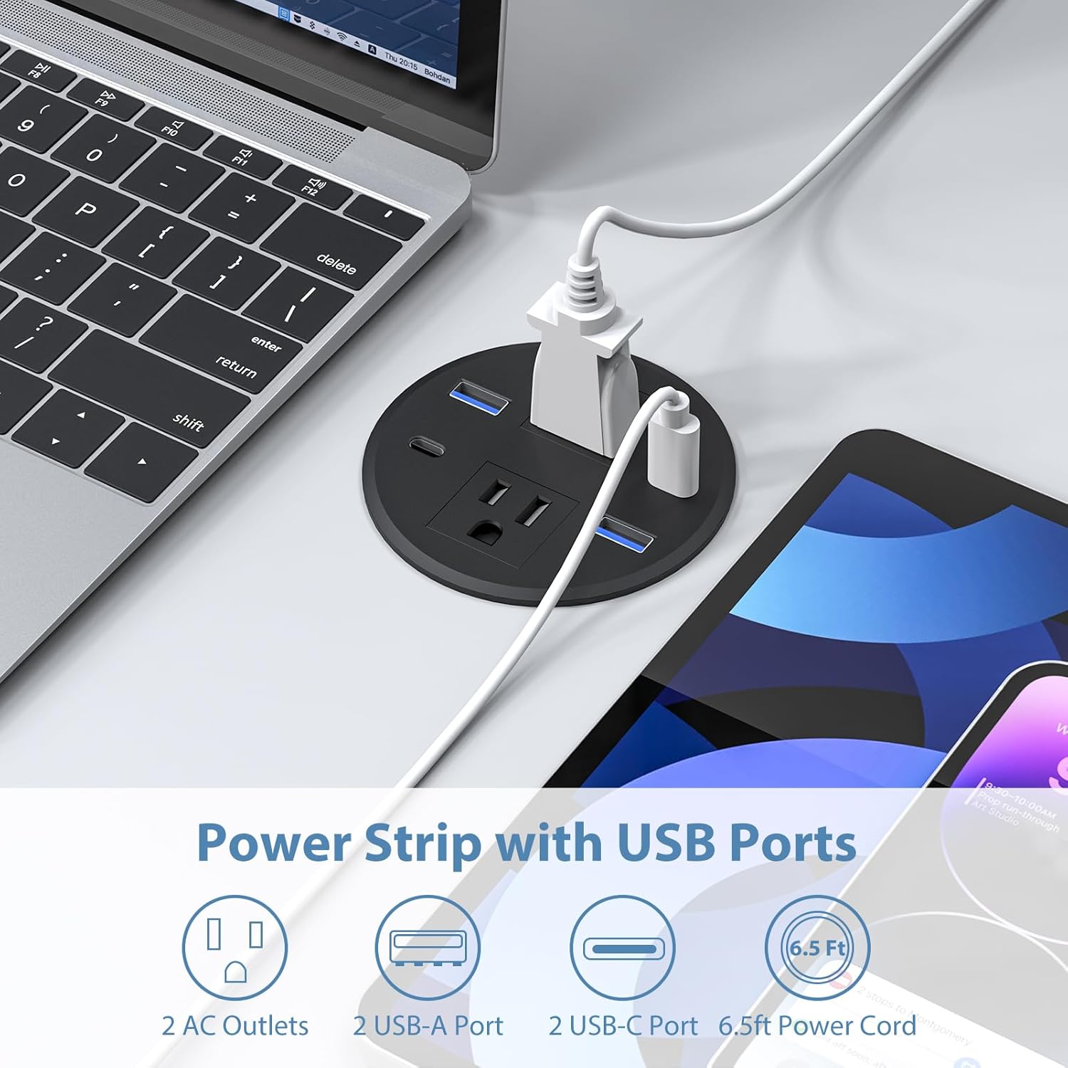 Recessed Power Grommet with AC Outlets, 3.15inch Desktop Power Grommet Outlet,30W PD Fast Charge for Deskt - Flush-Mount Recessed Power Strip,Home and Workspace Essential Desk Outlet