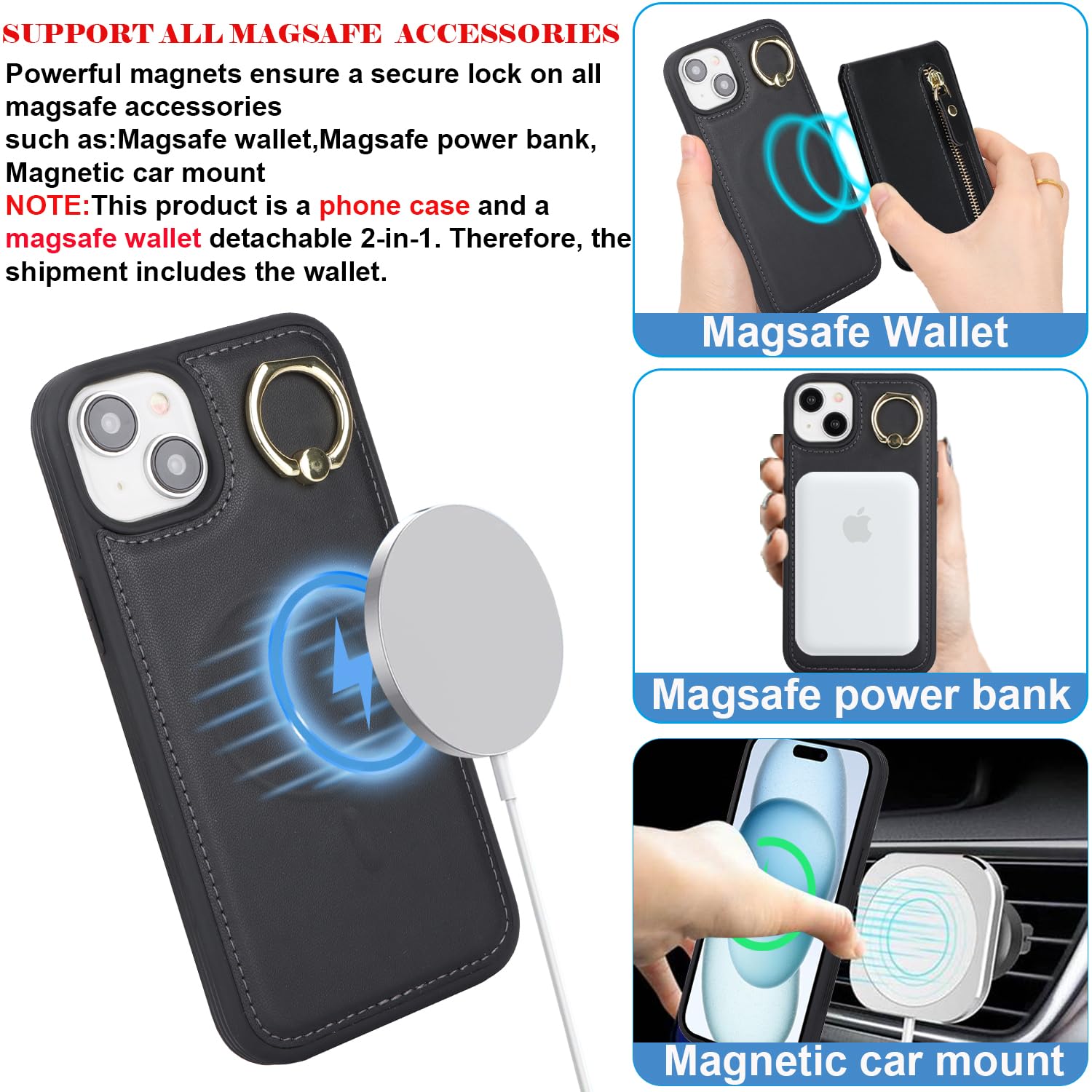 ?????? for iPhone 15 Case magsafe compatible iphone 15 case with Card Holder for men iphone 15 wallet case detachable magnetic leather zipper phone cover for women-Black