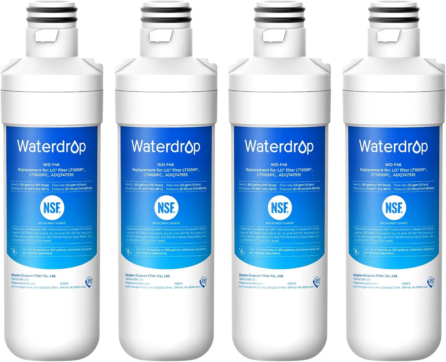 Waterdrop LT1000PC ADQ747935 MDJ64844601 Refrigerator Water Filter, Reduce chlorine, bad taste and odor, Replacement for LG® LT1000P®, ADQ74793501, ADQ74793502, Kenmore 46-9980, Pack of 4