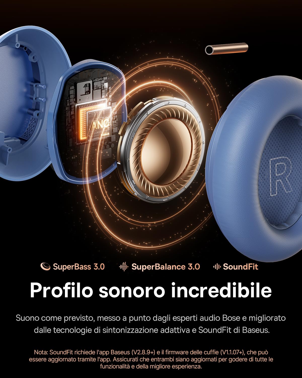Baseus Inspire XH1 Cuffie Bluetooth Cancellazione Rumore Attiva, Sound by Bose, Nuvola di Conforto, Dolby Audio & Hi-Res per un Suono Incredibilmente Dinamico, Autonomia 100 h, Blu Crepuscolare