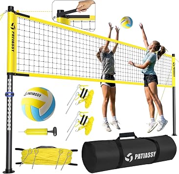 Outdoor Volleyball Net System, 32FT Regulation Size Anti-Sag Net, Quick Setup Adjustable Height Poles, Volleyball Set with Pump, Hammer, Boundary Line and Carry Bag for Backyard Beach Lawn