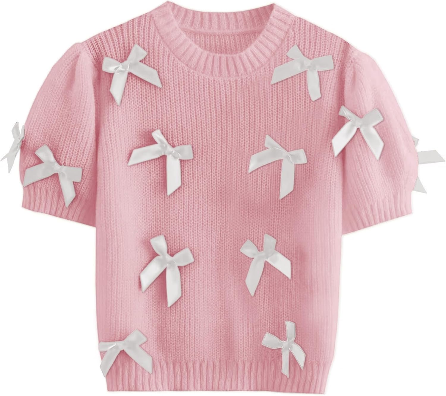Women Cropped Short Sleeve Sweater Crewneck 3D Bow Tops