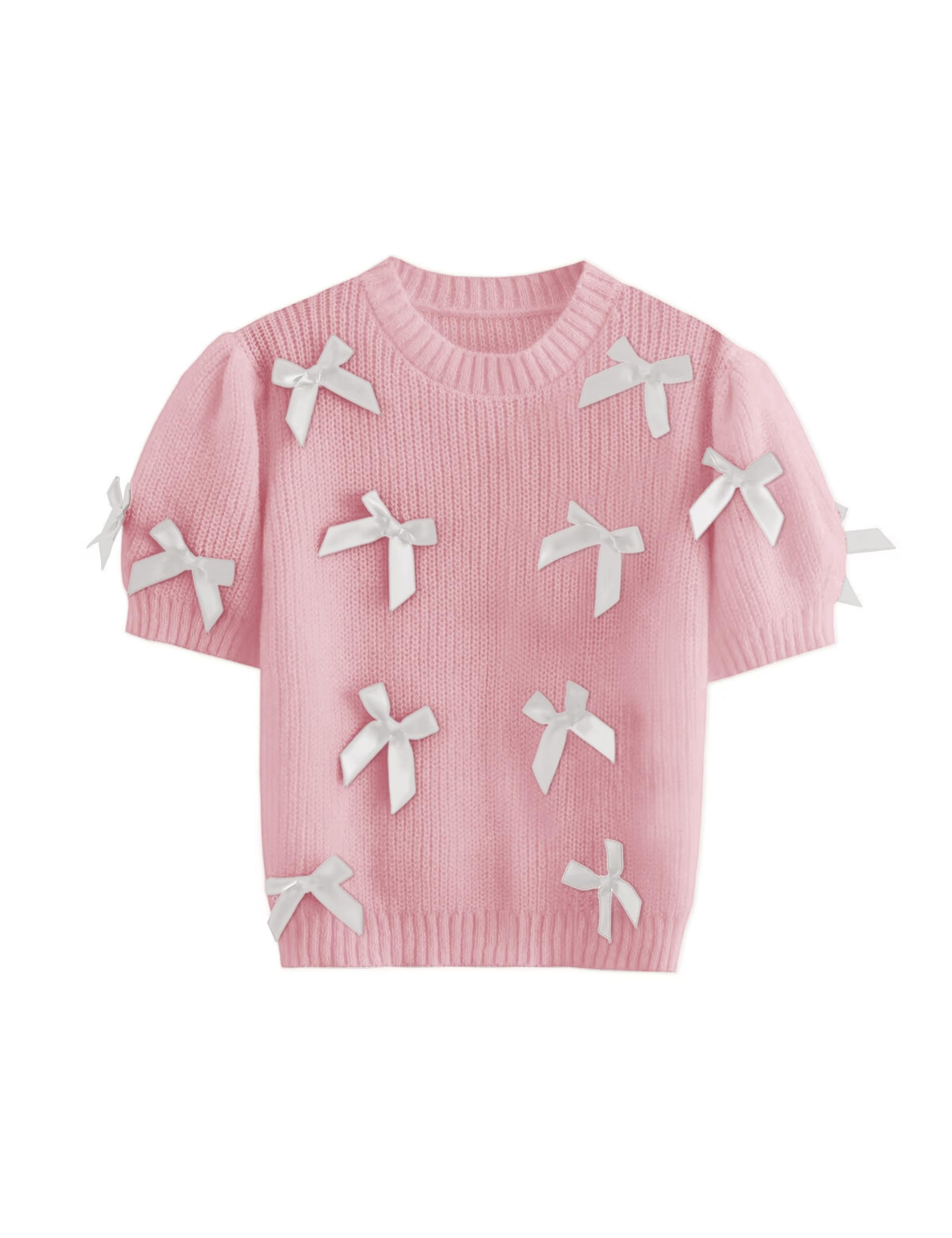 Women's Sweaters Knitted Crewneck Puff Bubble Short Sleeve Pullover Tops Casual Bow T Shirts Chic Blouses