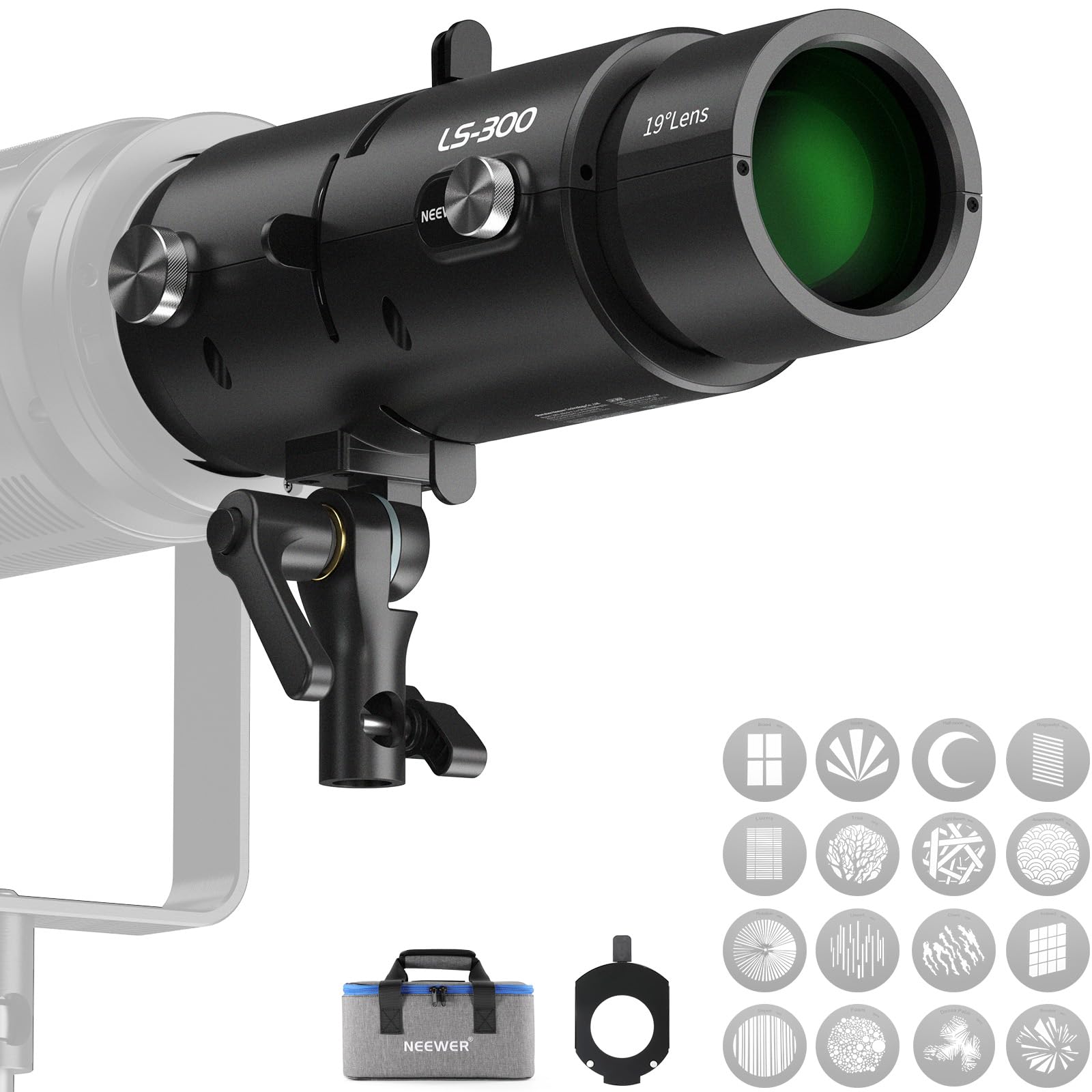 Neewer LS-300 Spotlight Optischer Snoot für 300W Bowens Mount LED Videoleuchten mit 16x GOBO 19Â Projektionsobjektiv 98% Geometrischer Former für kreative Fotografie Beleuchtung – Bild 4