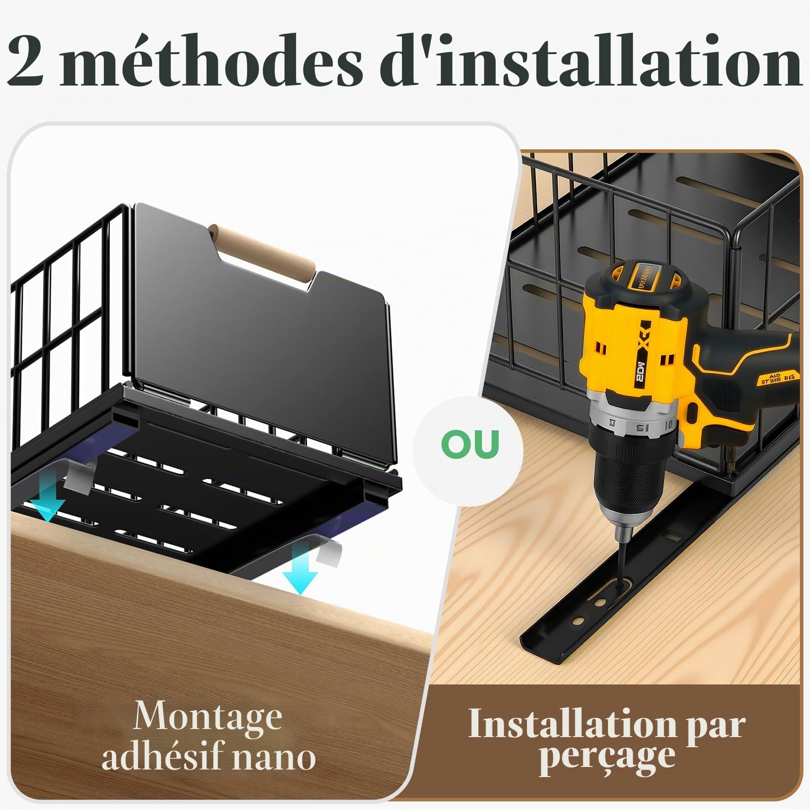 2 pièces tiroir coulissant cuisine, Organiseur de tiroirs profonds avec glissières de tiroir et poignée en bois, Télescopique à tirer en métal pour armoires de cuisine Organiseur - 40x25×18CM