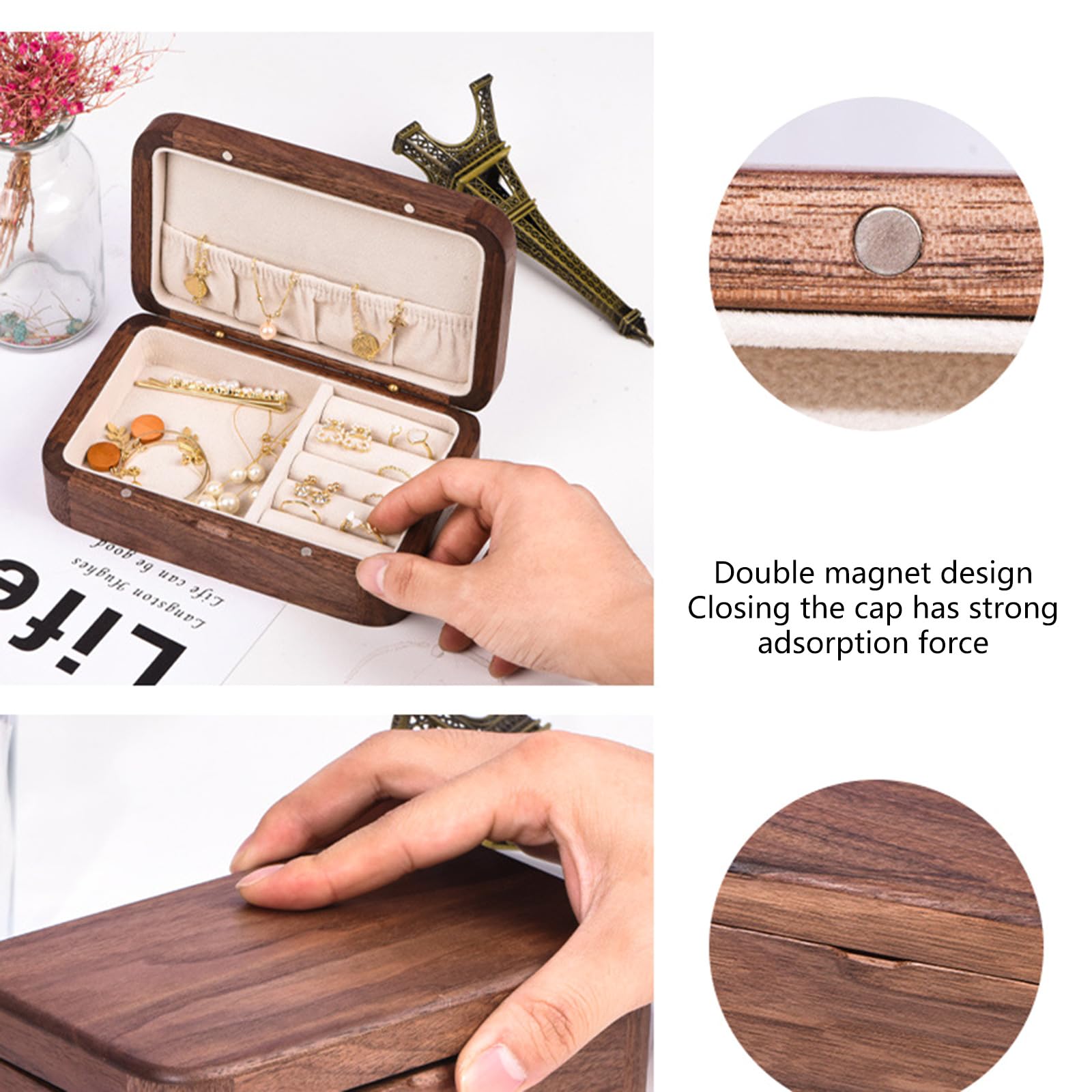 Caja de almacenamiento de joyería de madera resistente a la moda con separadores personalizables, accesorios para el hogar para colección personalizada
