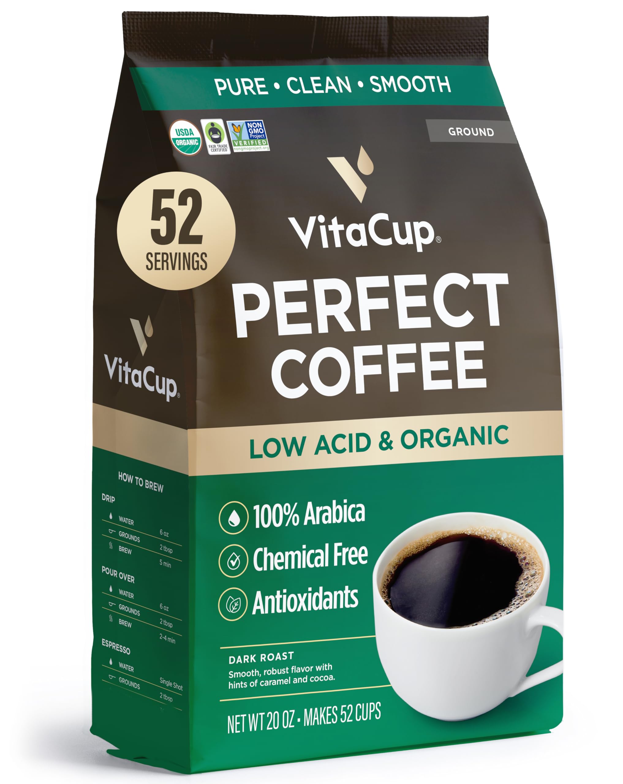 VitaCup Perfect Low Acid Coffee Ground, USDA Organic & Fair Trade, Mycotoxin Free, Dark Roast Guatemala Single Origin, Clean & Pure, 20 ounces, 52