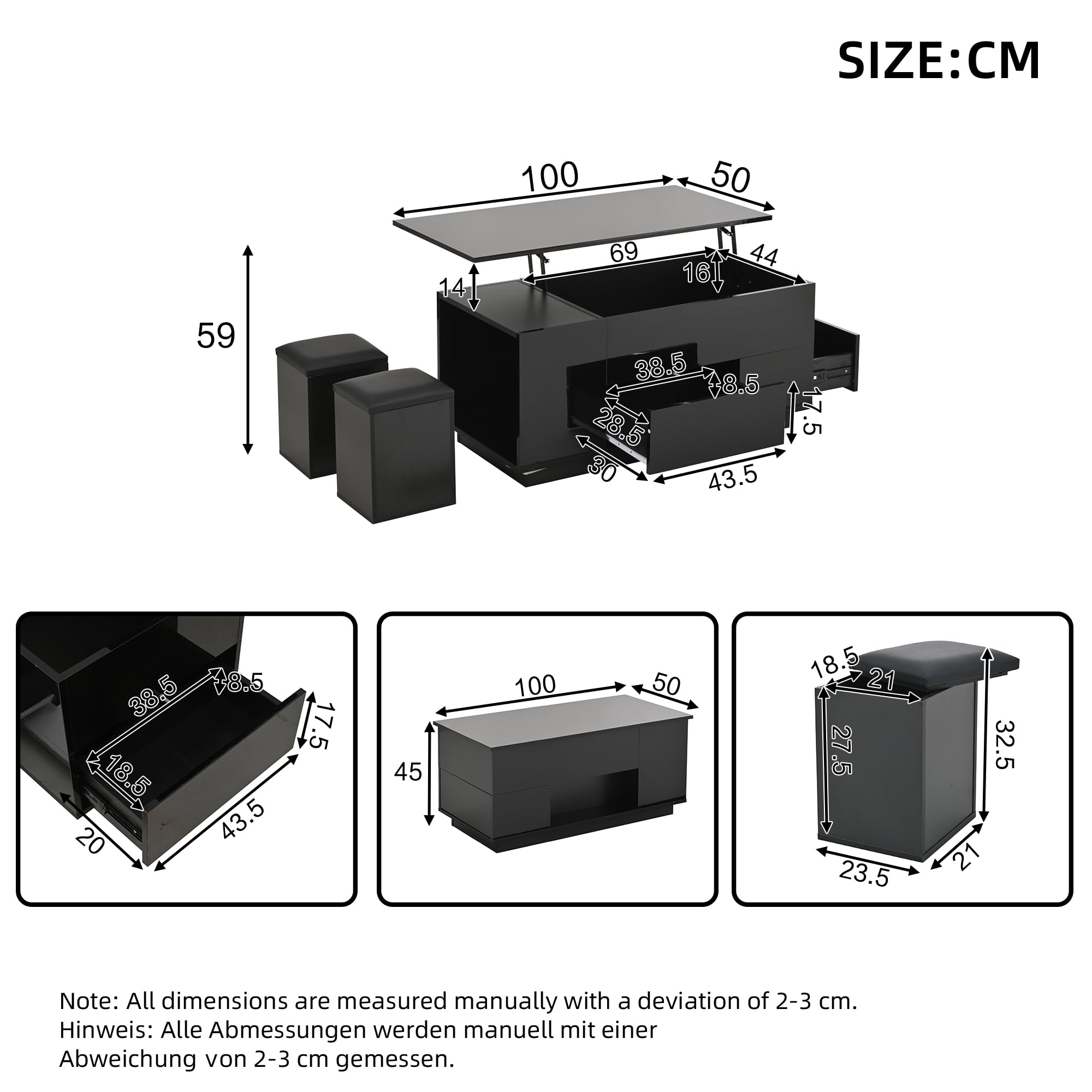 Kebnor Mesa de centro 4 en 1, mesa de sofá ajustable con LED, mesa de café con 2 cajones, mesa brillante con sofá y 2 taburetes, mesa auxiliar con espacio de almacenamiento oculto, capacidad de carga