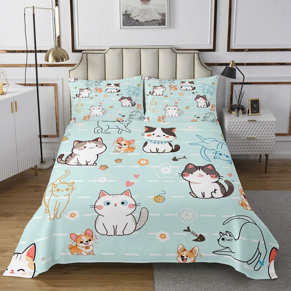 Feelyou Kids Cute Kitten Cat Bedspread King Size, Cartoon Cat Coverlet Set Boys Girls Pet Cat Quilted Coverlet Kawaii Cat Quilted Kids Room Decor with 2 Pillow Case