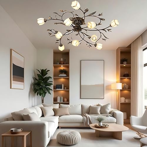 Miniatura 6 de 10 luces de 39.5 pulgadas con forma de rama, estilo retro creativo con flores y vid, lámparas de techo para sala de estar, dormitorio, cocina, sala