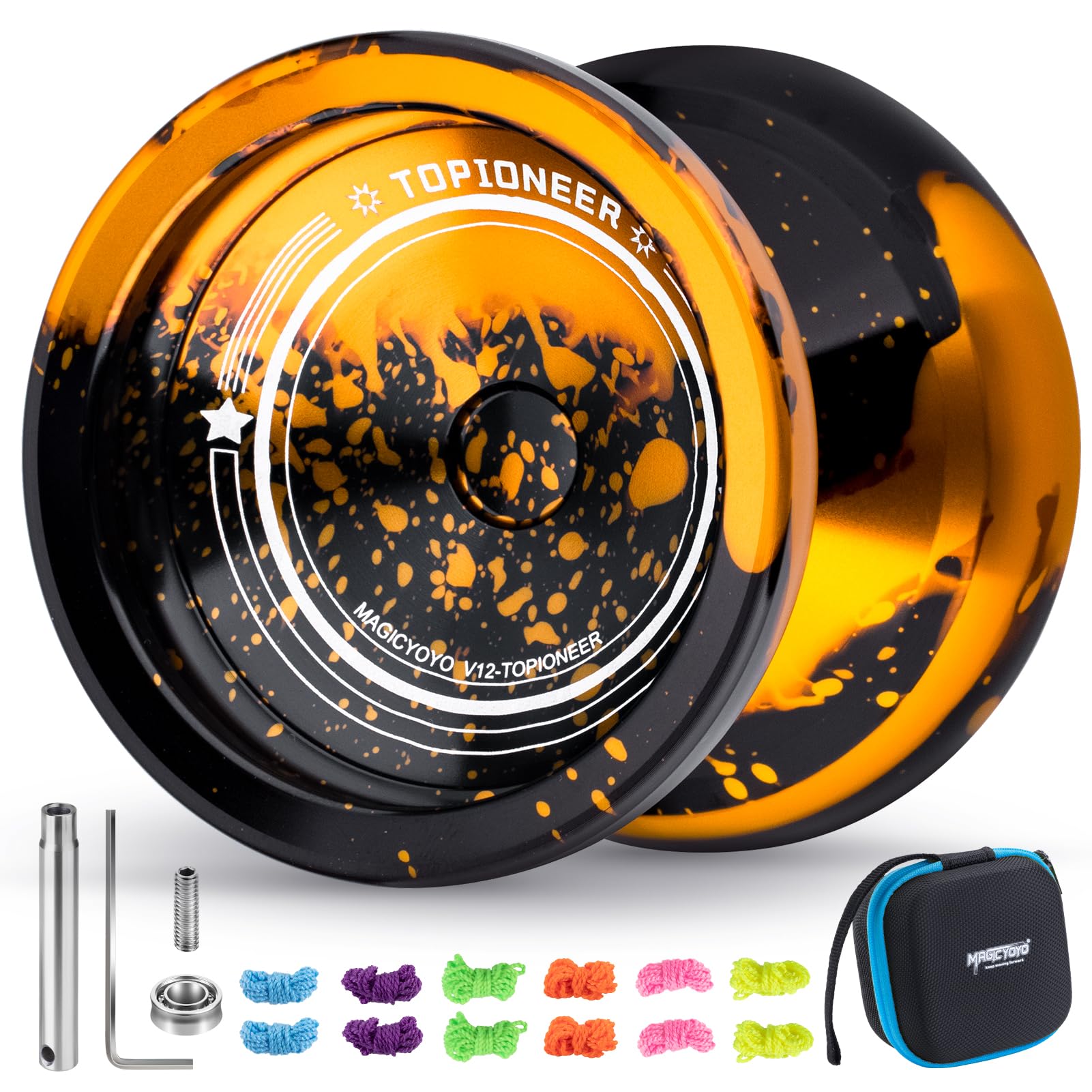 MAGICYOYO V12 Professional Yoyo for Kids 8-12 , Responsive Yo-yo & Unresponsive Yo yo for Adults, Metal Finger Spin Trick Yoyo with 12 Yoyo Strings & Yo-Yo Accessory Kit (Black, Golden)