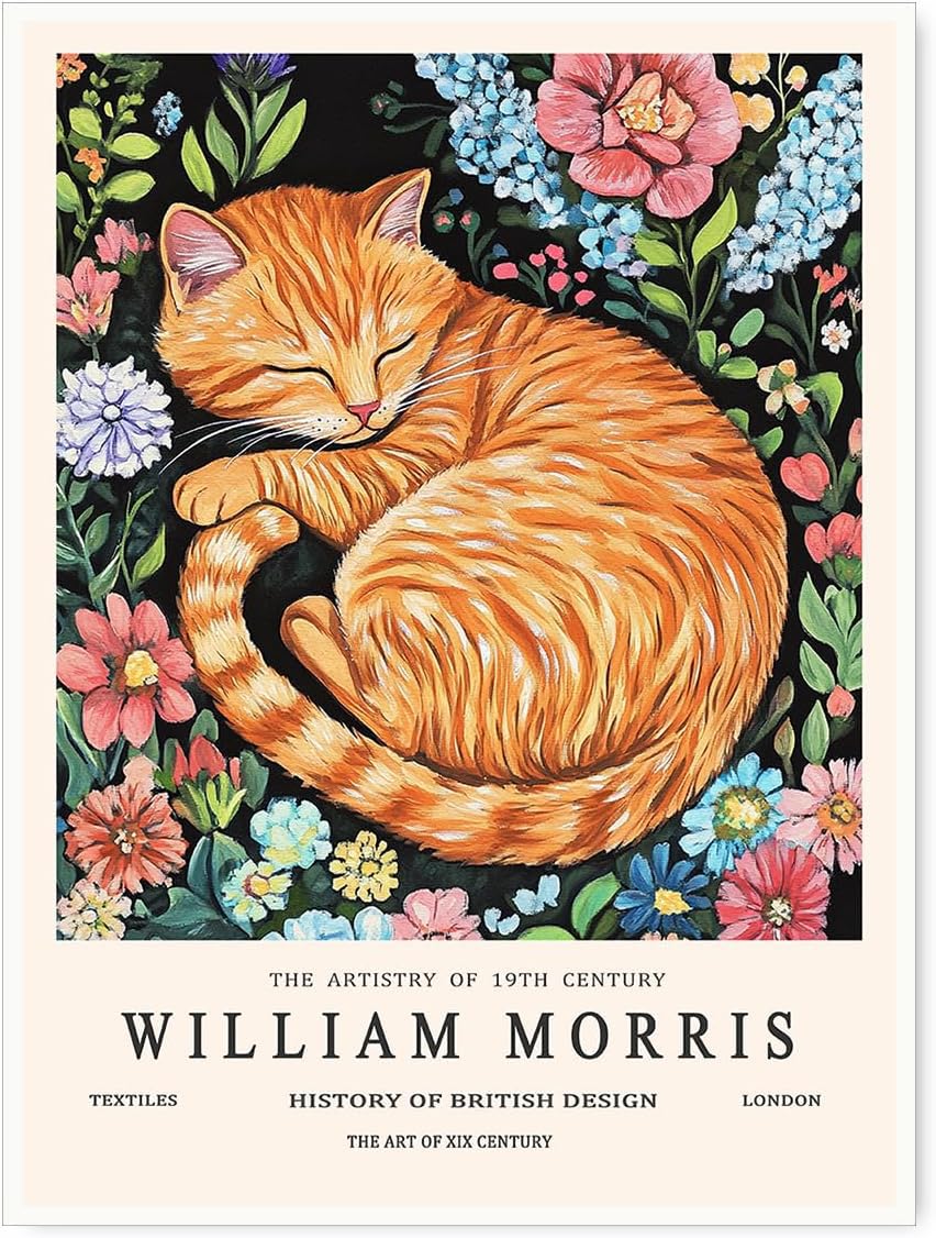 ZZYGGN GMGSW William Morris Style Floral Sleeping Cat Canvas Prints Abstract Wall Art William Morris Poster Retro Painting for Home Wall Decor 50x75cm Frameless