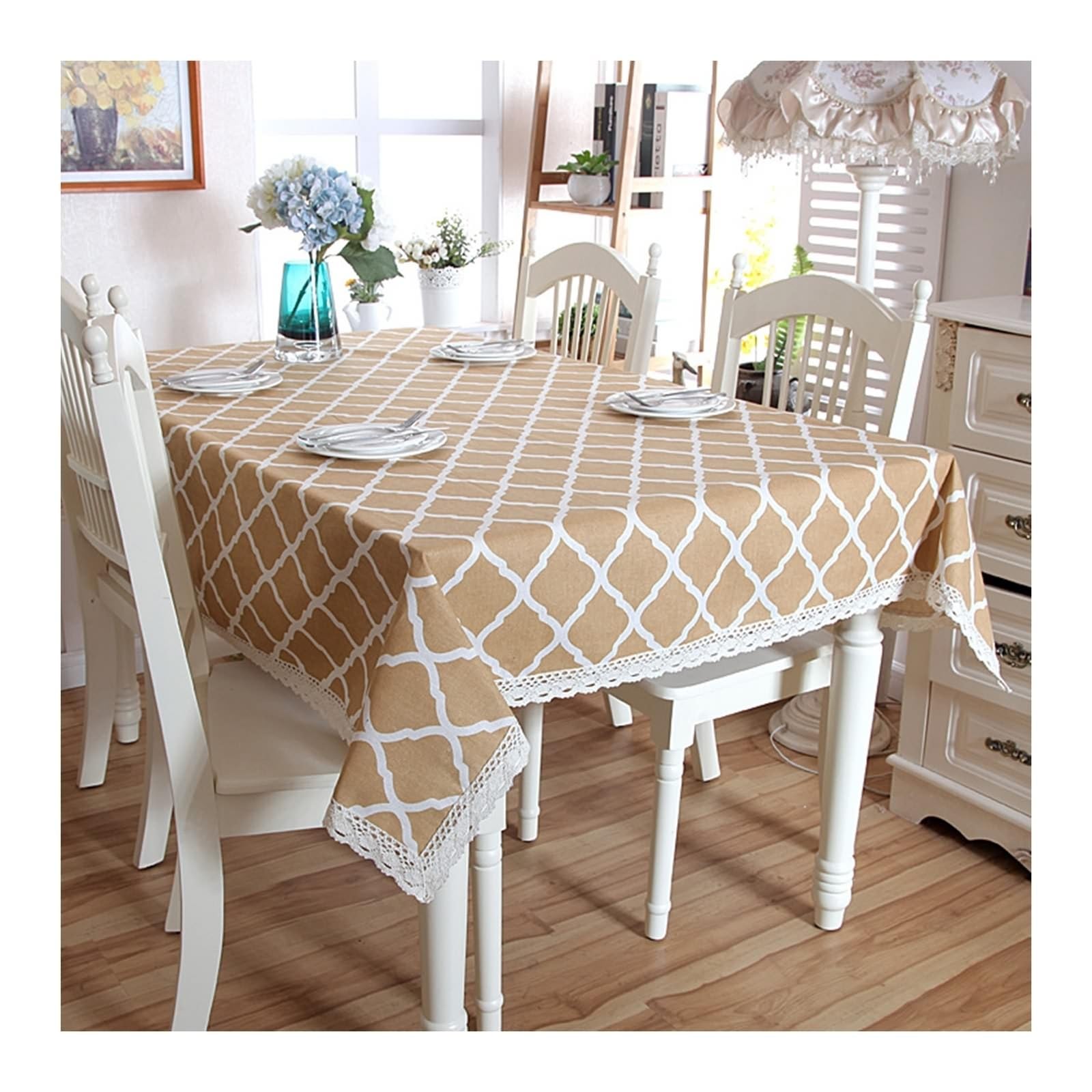 Tablecloth 140 x 220 cm, mantel de poliéster y algodón, lavable, diseño de rombos a cuadros, color marrón claro, mantel lavable rectangular
