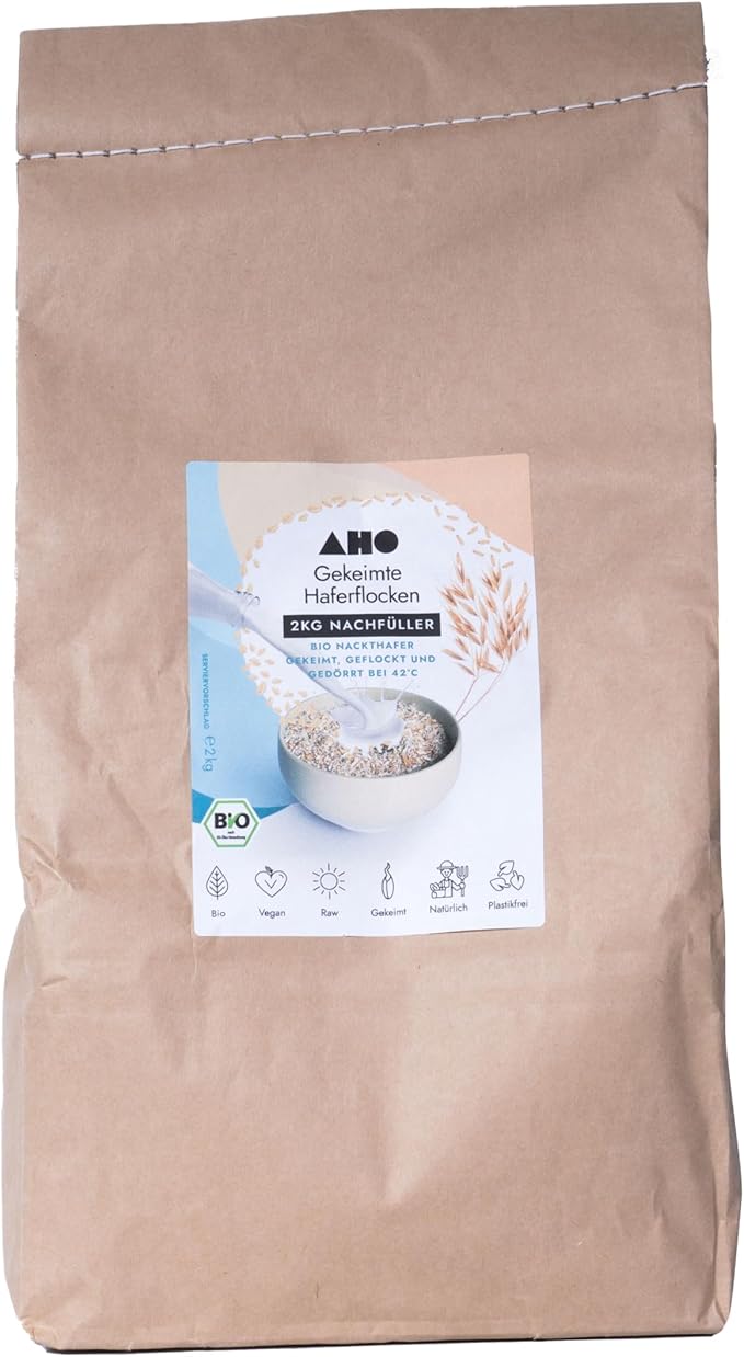 AHO Copos de avena germinados orgánicos de 2 kg con embalaje sin plástico