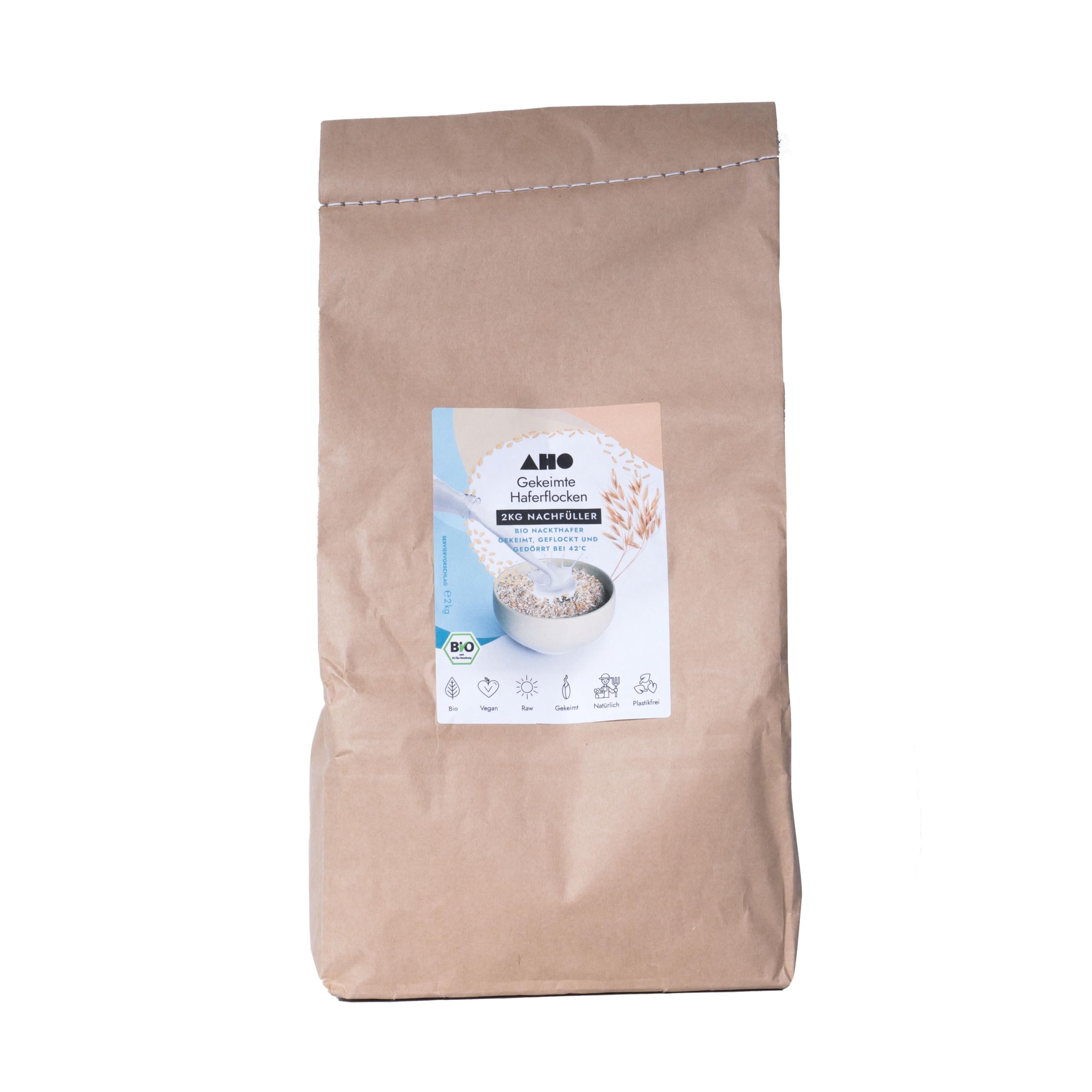 AHO Farina d'avena germogliata da 2 kg, bio dalla Germania e dall'Austria, confezione senza plastica, avena nuda biologica germinata e secca a 42 °C
