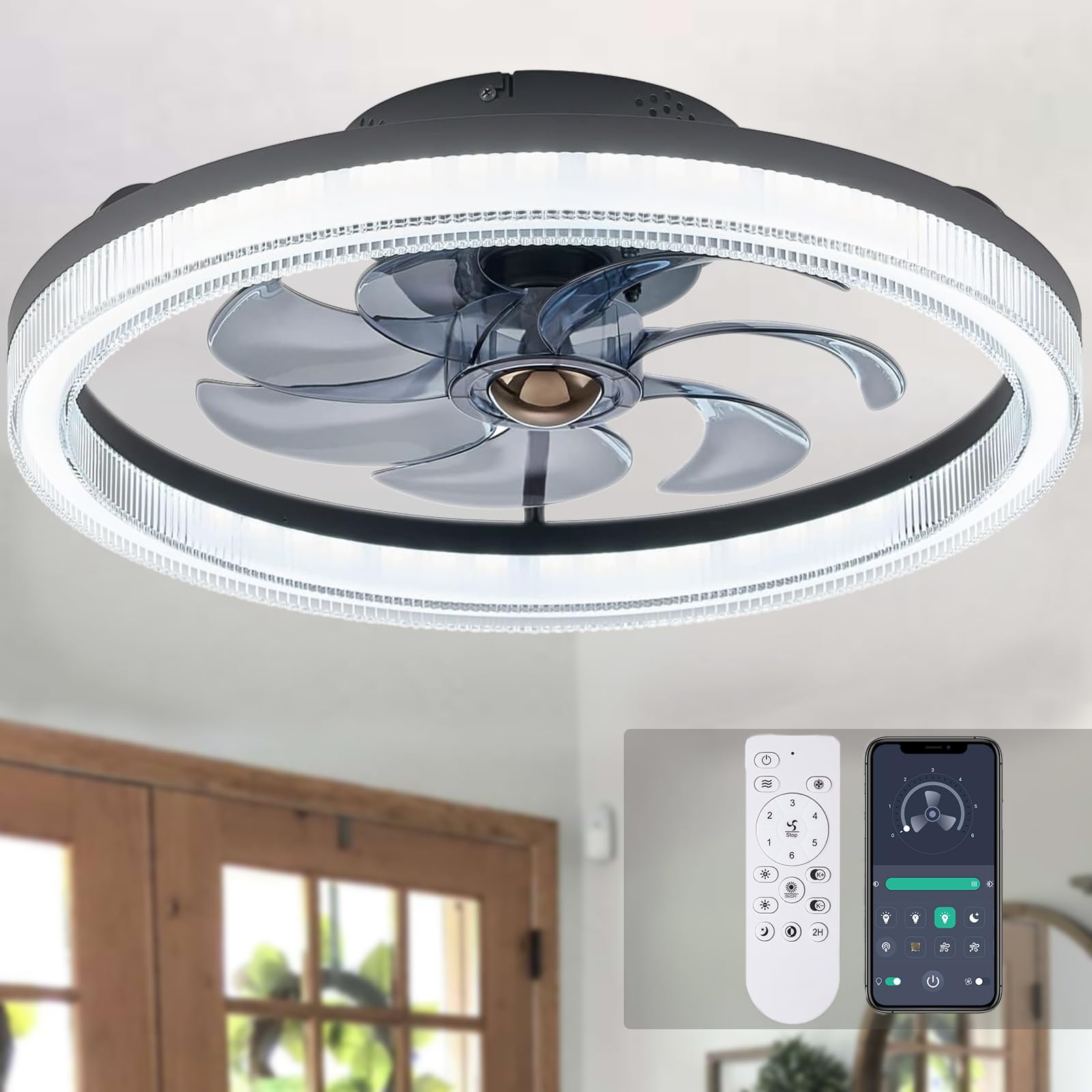 CROSSIO Ceiling Fan with Lights Flush Mount 20" Fandelier Low Profile