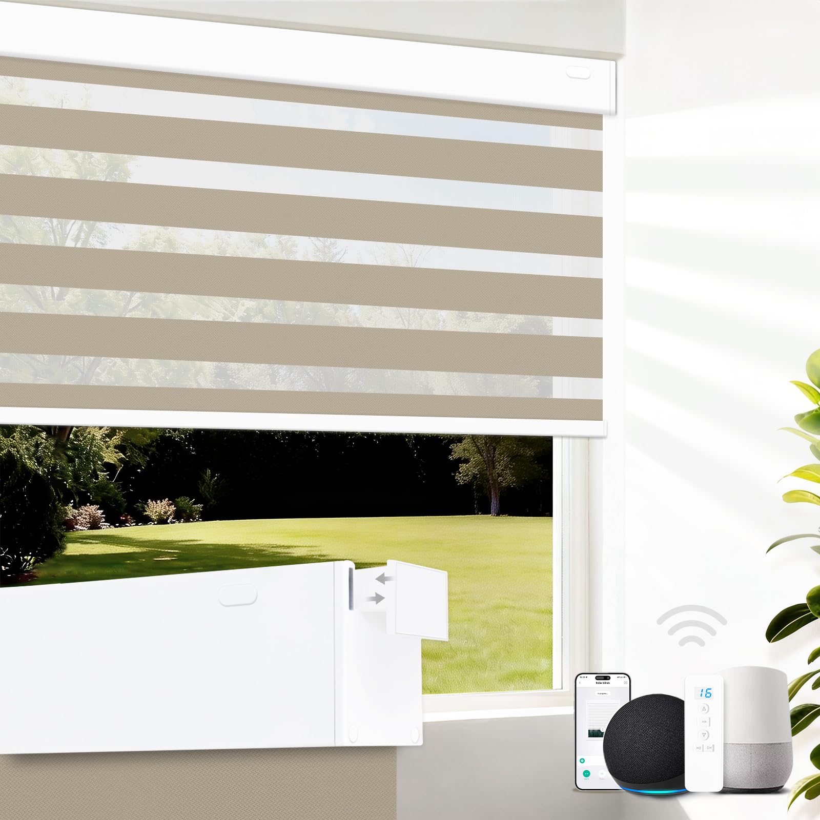 No Drill Motorized Blinds with Remote 95% Blackout Smart Electric Zebra Shades Built-in Rechargeable Automatic Blinds for Window Compatible with Homekit Alexa Google Luxurious Beige