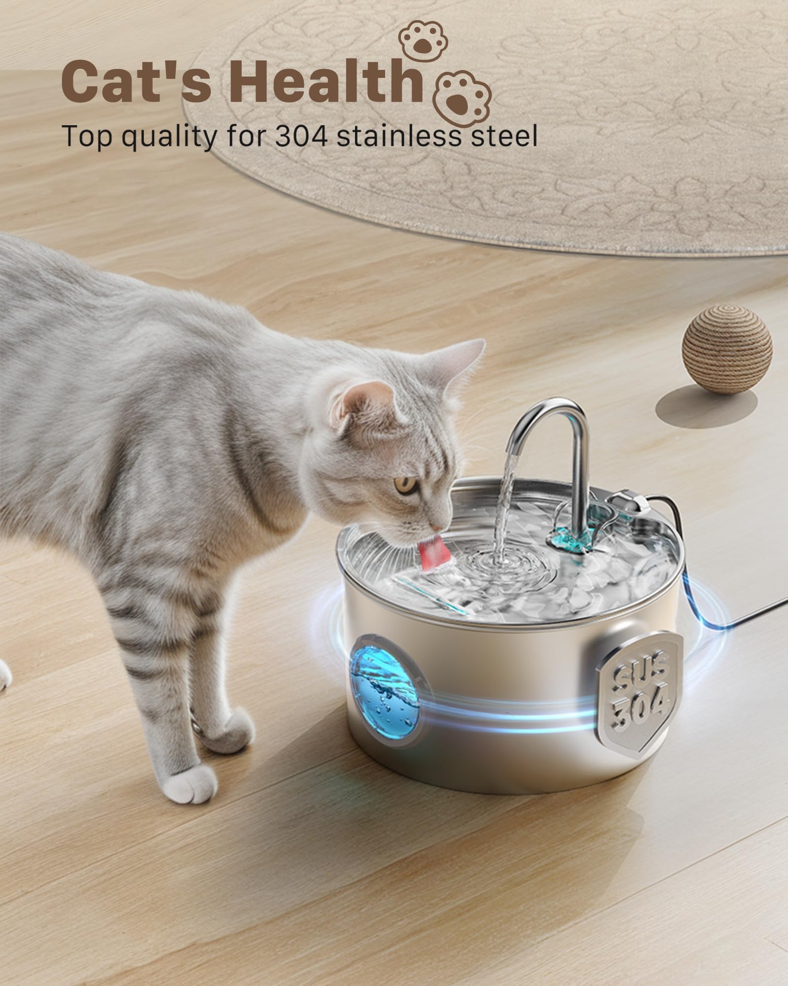 Fontanella per Gatti Acciaio: Fontana per Animali Domestici - 2.2L Fontanella Gatto - Super Silenzioso Dispenser Acqua - Mantiene l'acqua Fresca - con 6 Filtris + 3 Spugne