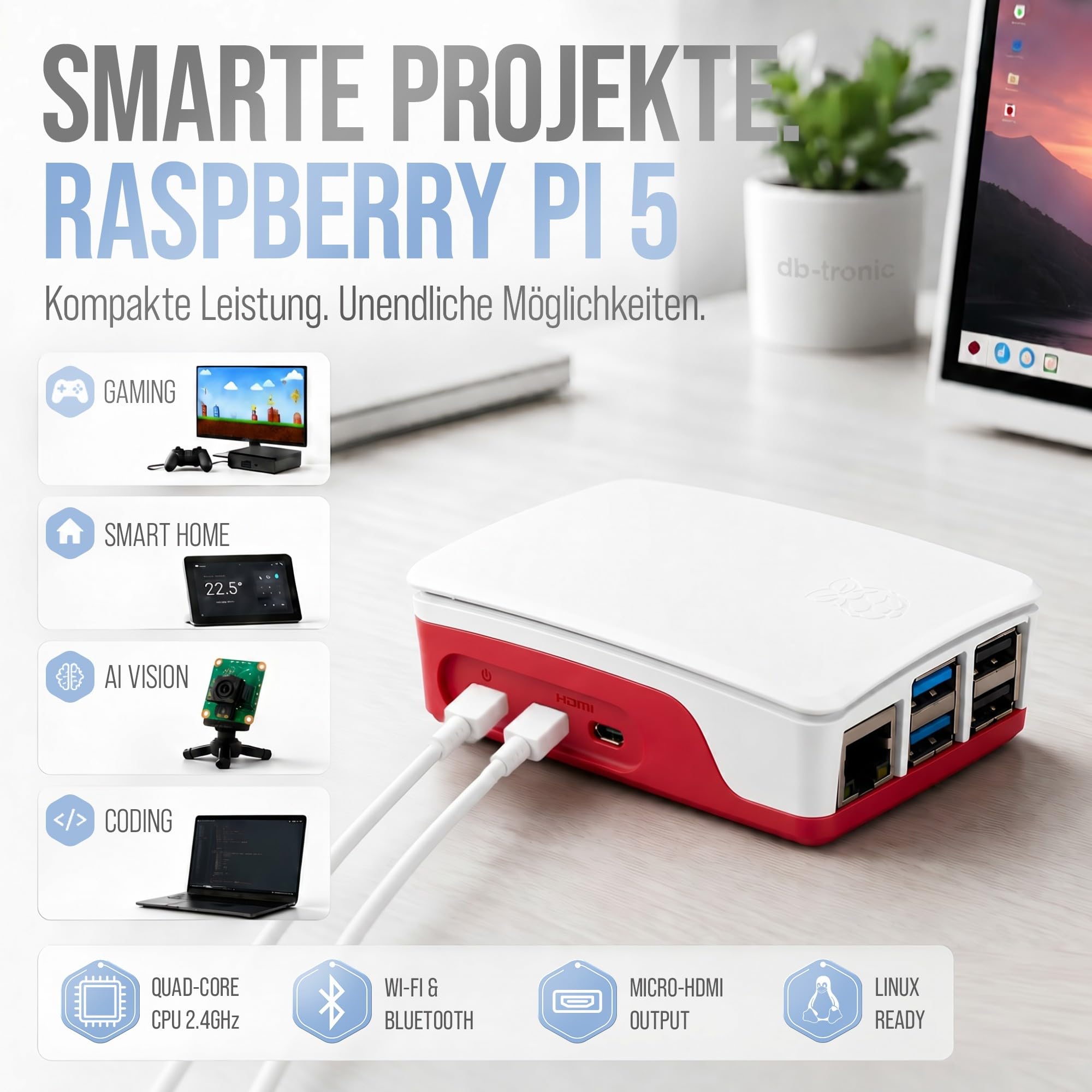 Raspberry Pi 5 8GB Starter Set 128GB Edition Netzteil 27W Gehäuse mit Lüfter 4K Micro HDMI Kabel