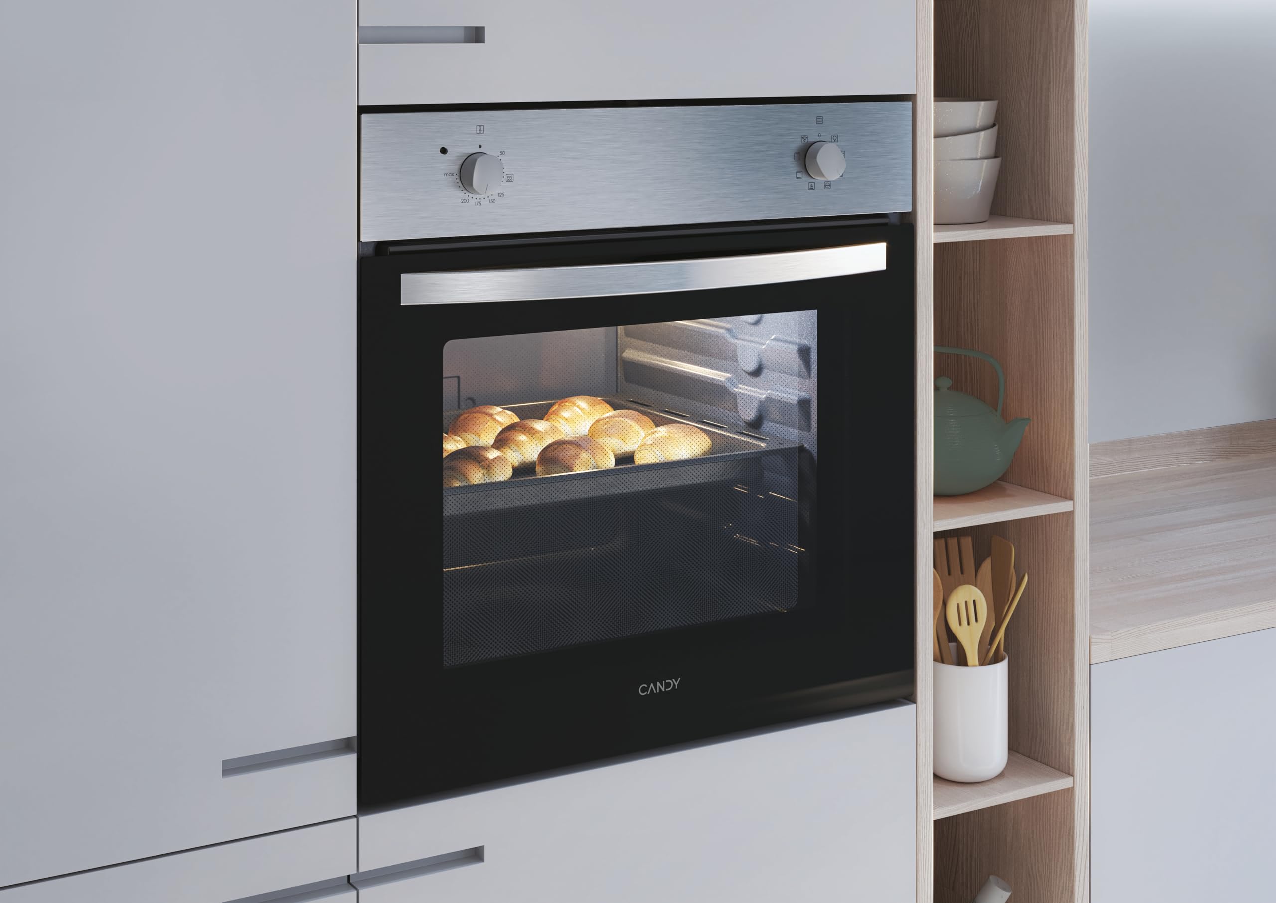 Candy Idea FIDC X100, Horno Eléctrico, 70L, 1 Bandeja y 1 Rejilla, Limpieza Aquactiva, 4 Funciones, 2 Mandos Mecánicos, Puerta Doble Cristal, Inox y Negro