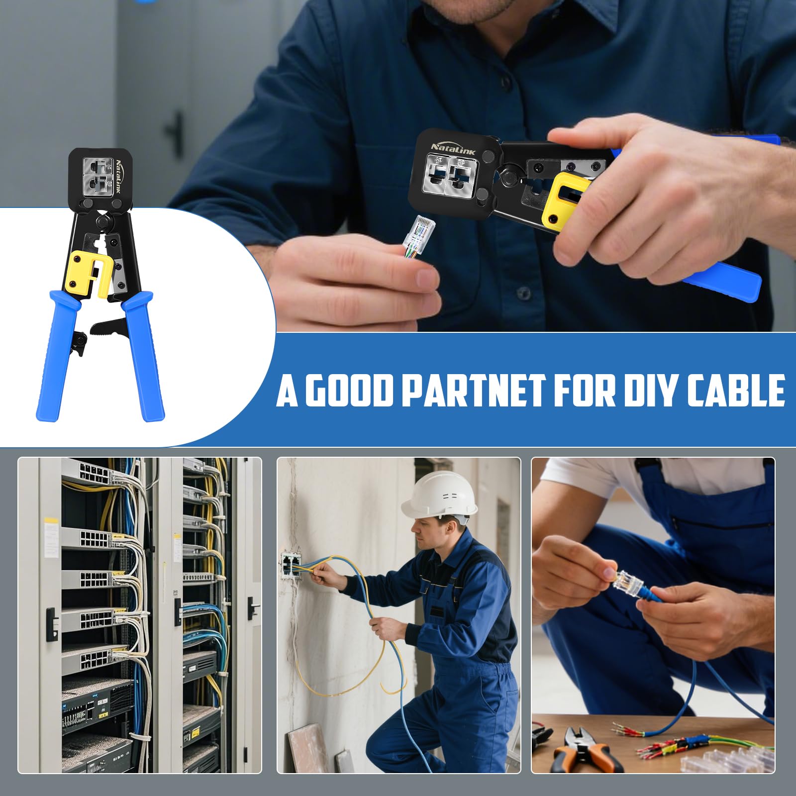 Crimpatrice RJ45 con tester per cavi di rete, mini spellacavi, 50 connettori Cat6 Cat6 Cat 5 e Cat 5 e cavi di sicurezza